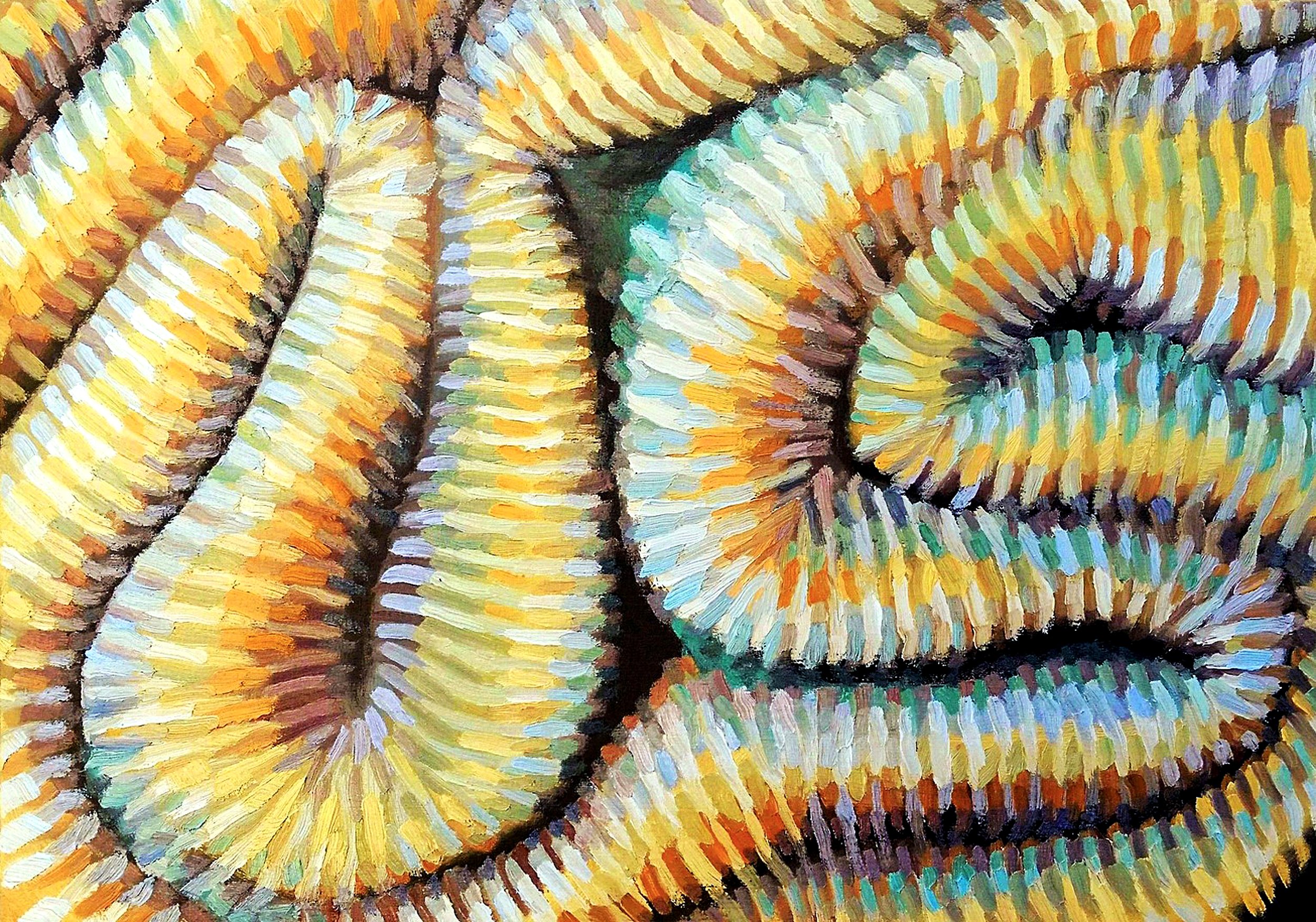 A rhythmic close-up oil painting fragment inspired by the intricate patterns and vibrant textures of underwater coral reefs in yellow and green