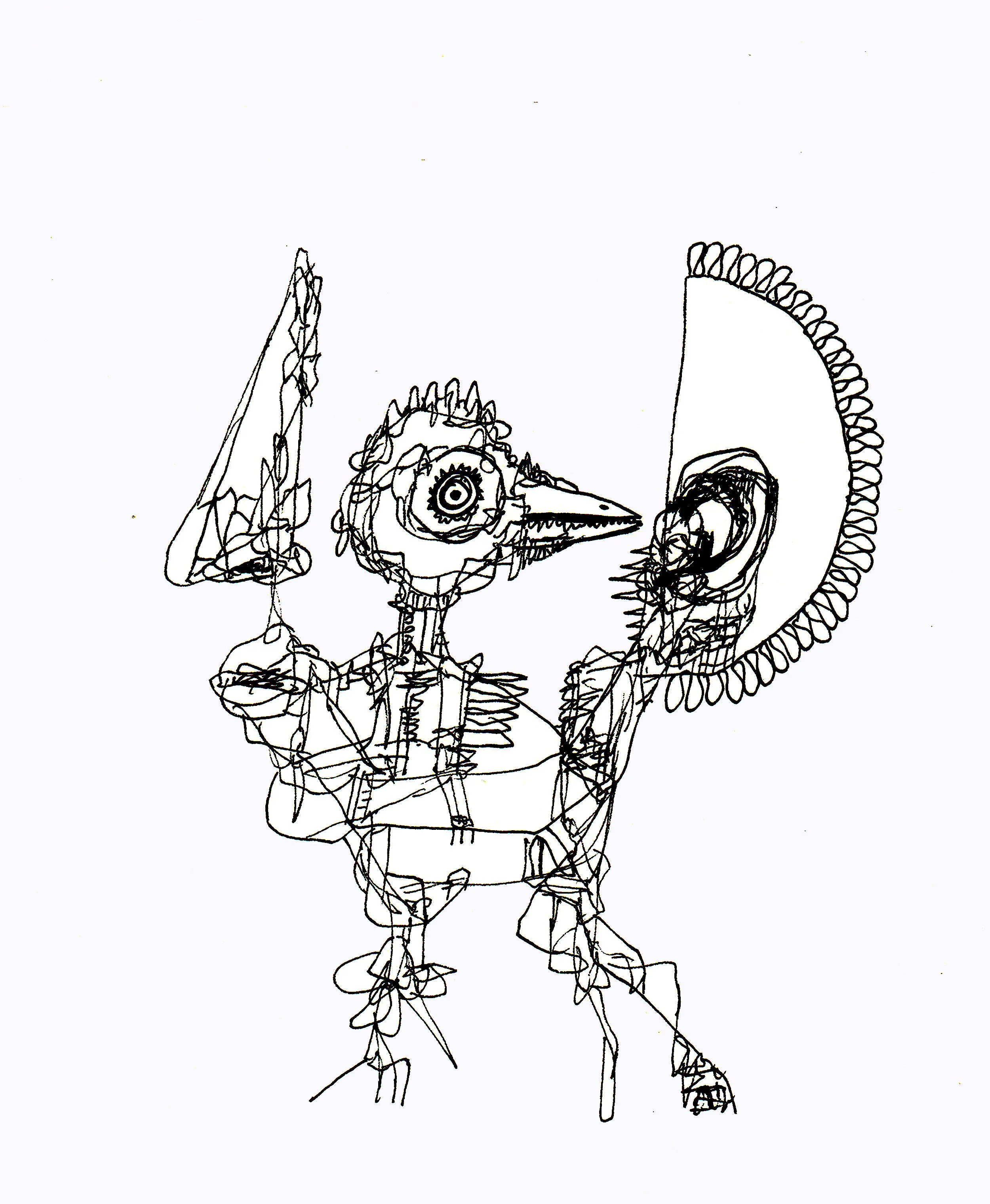 A creative and slightly surreal ink illustration of a human-cuckoo face, filled with imaginative details.