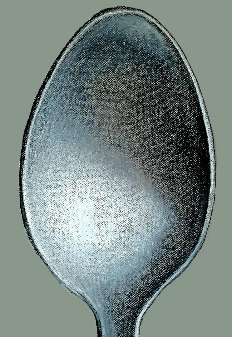 A striking pastel sketch of a silver spoon, demonstrating a masterful play of light, shadow, and metallic reflections.