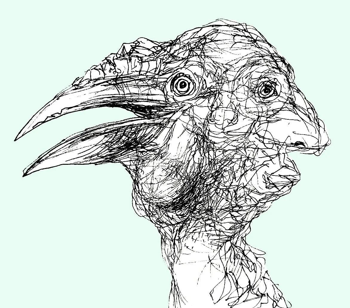 A detailed ink study of a human face with a funny beak, showcasing the vertebrae with precise and artistic line work.