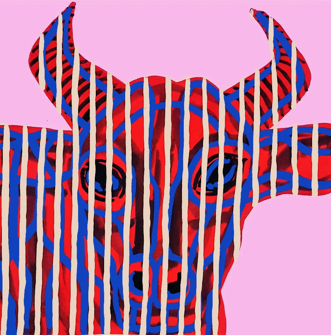 A unique artistic depiction of a bull's head featuring vibrant orange and blue stripes. A powerful example of contemporary animal art using repetitive line motifs.