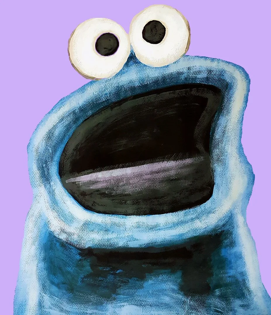 A playful and vibrant acrylic painting of the iconic Cookie Monster character, rendered in a modern art style.