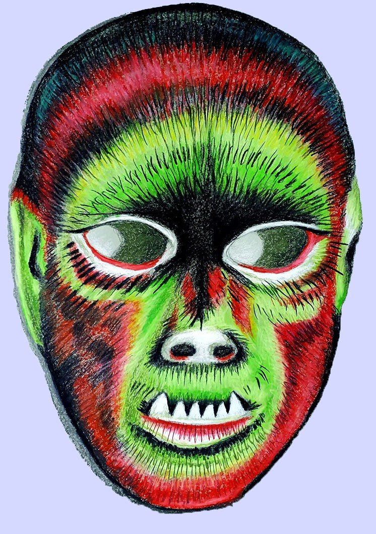 A sensitive and detailed profile portrait of a funny demon mask, rendered in professional pastel techniques.
