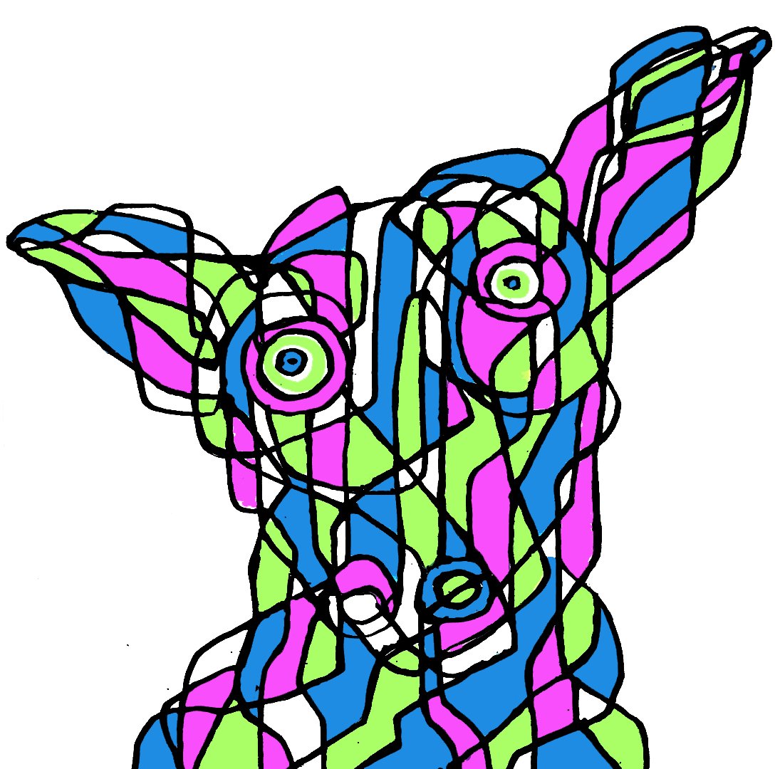 A dense dog composition of overlapping geometric shapes and vibrant colors, creating a rhythmic and energetic abstract field.