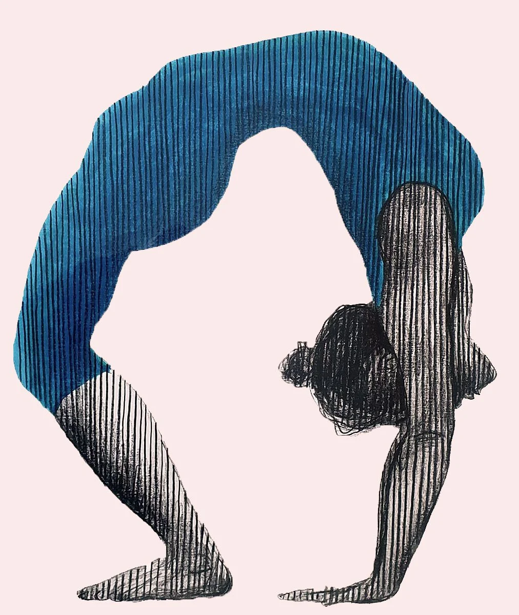 Digital illustration of a female figure in a deep backbend yoga pose (Wheel Pose). The figure is rendered with realistic shadows against a soft pink and white gradient background.