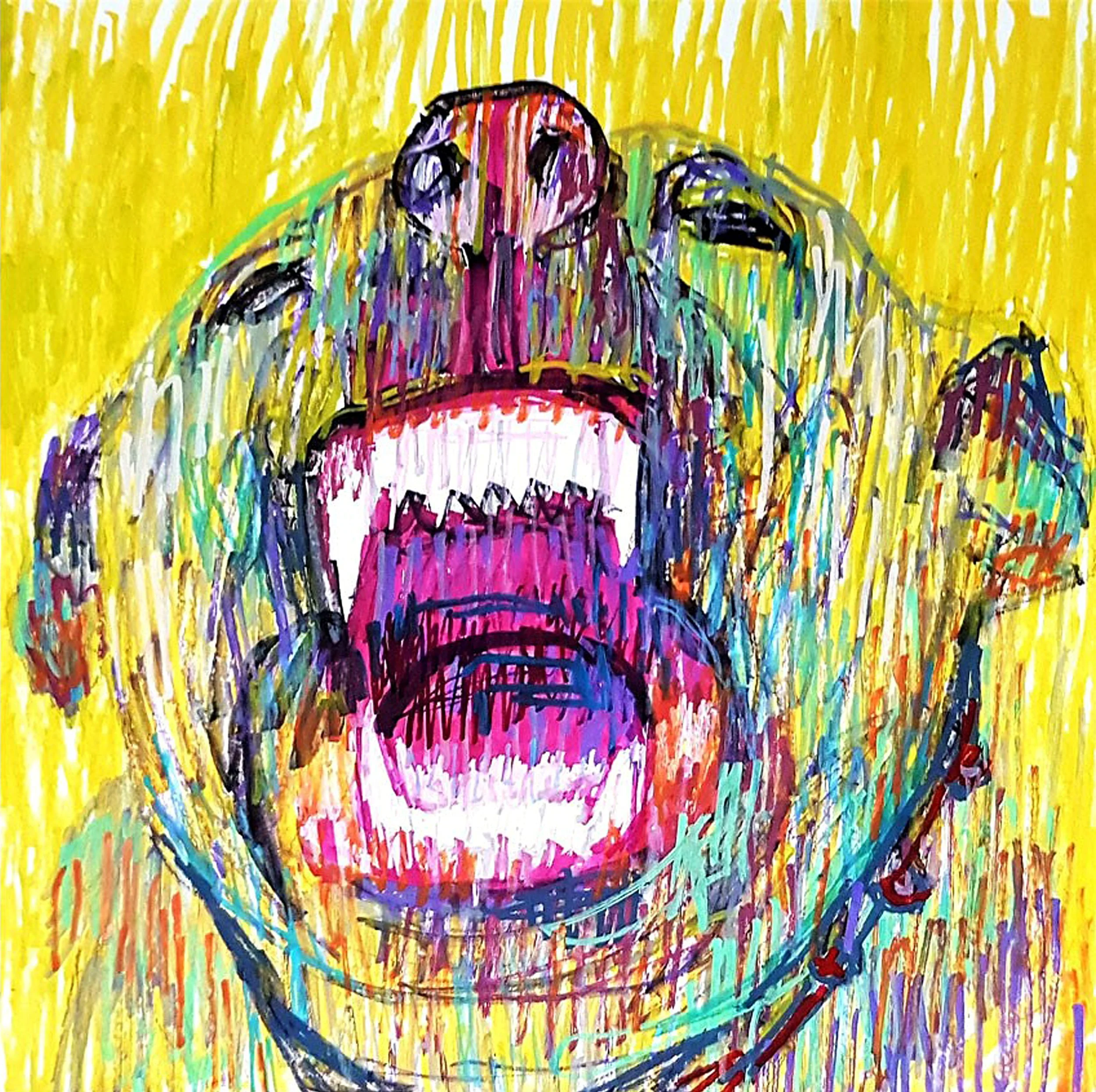 Expressive colorful dog painting with open mouth, yellow background, Posca marker and ink art by Roi Pajursky in a white frame.