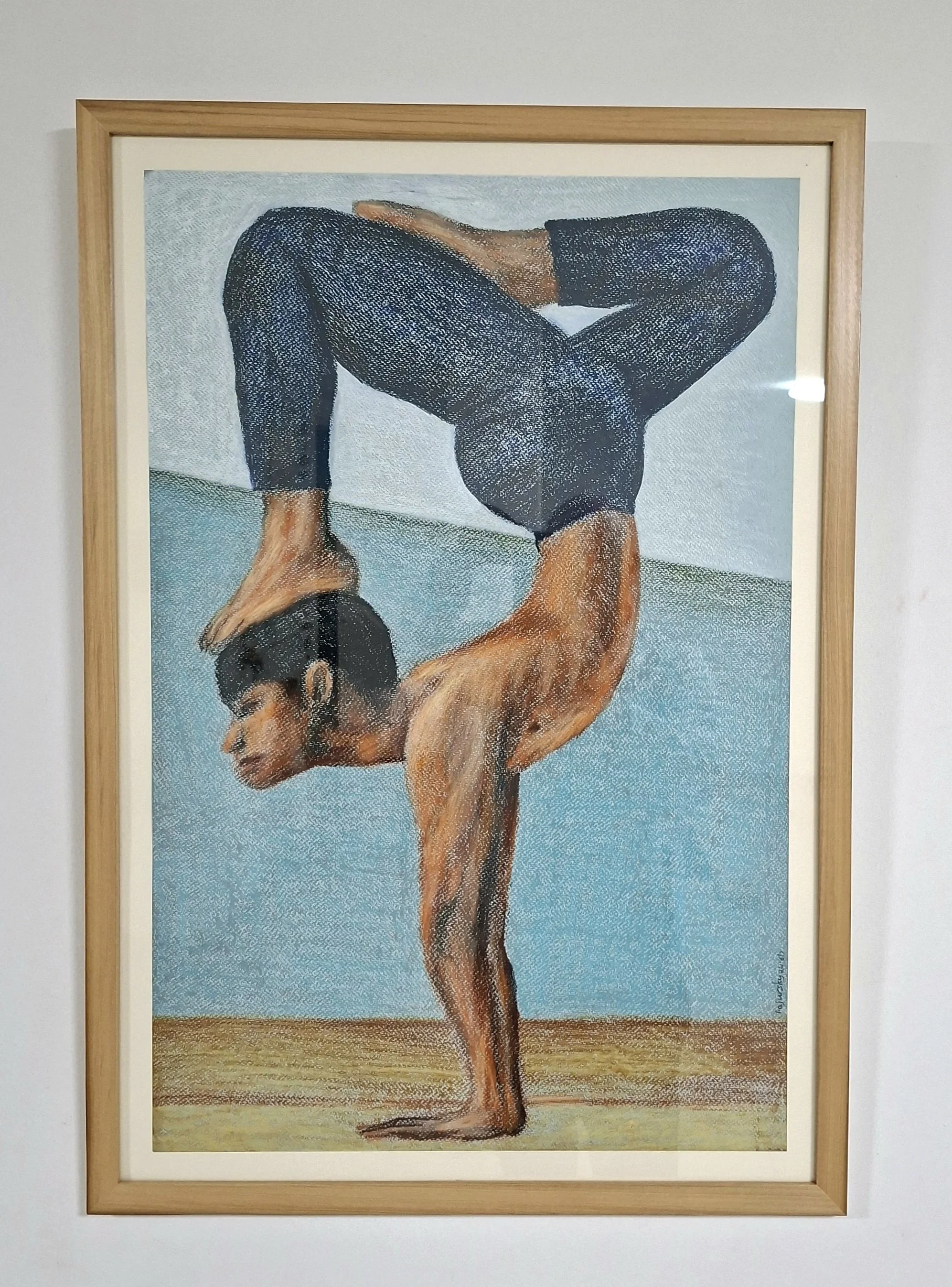 Professional fine art painting of a yoga practitioner performing a headstand or handstand pose. The artwork is presented in a classic wooden frame with a clean white mat.
