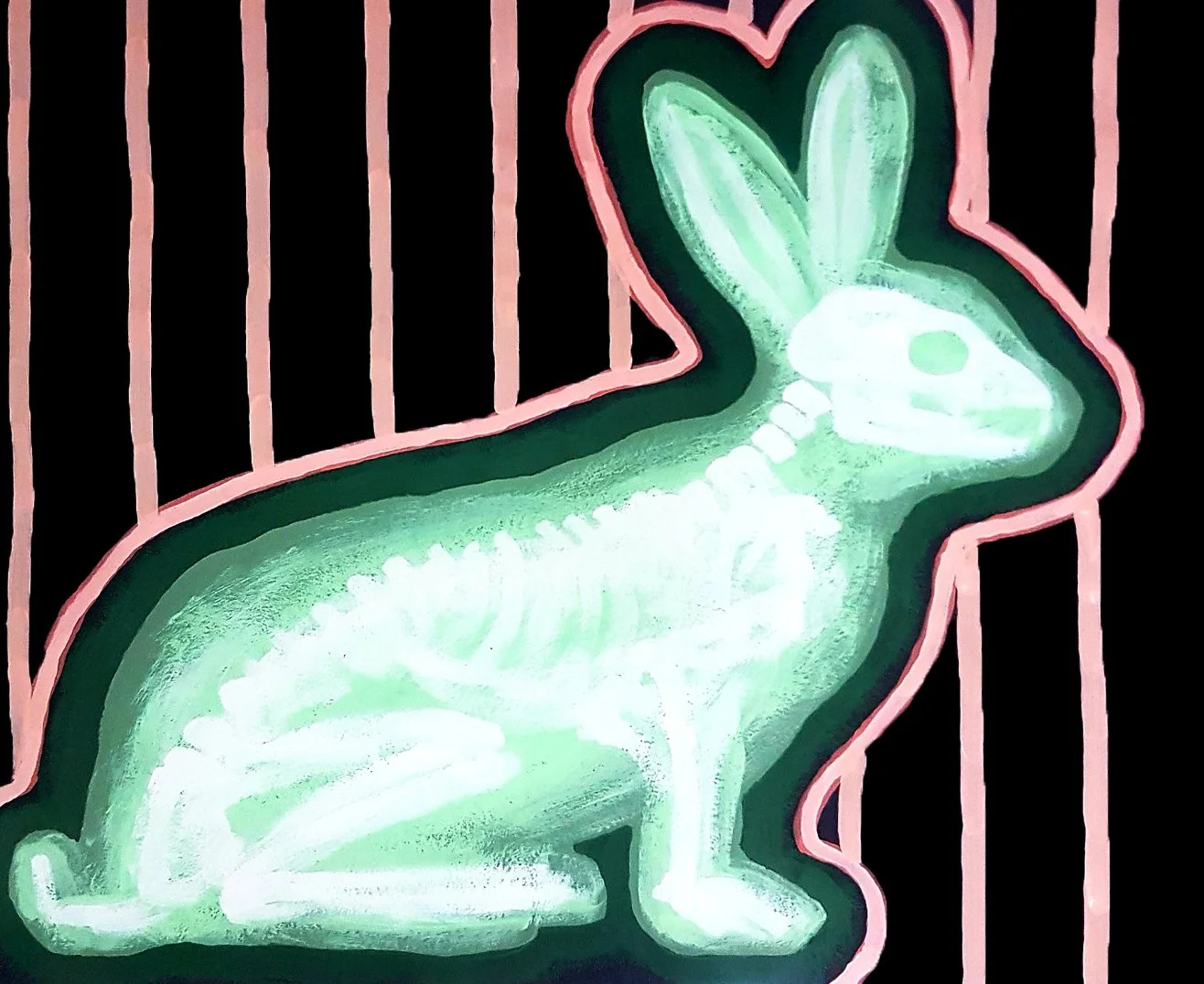 A contemporary side profile of a rabbit rendered in cool blue vertical stripes. The minimalist composition emphasizes linear texture and modern aesthetic.