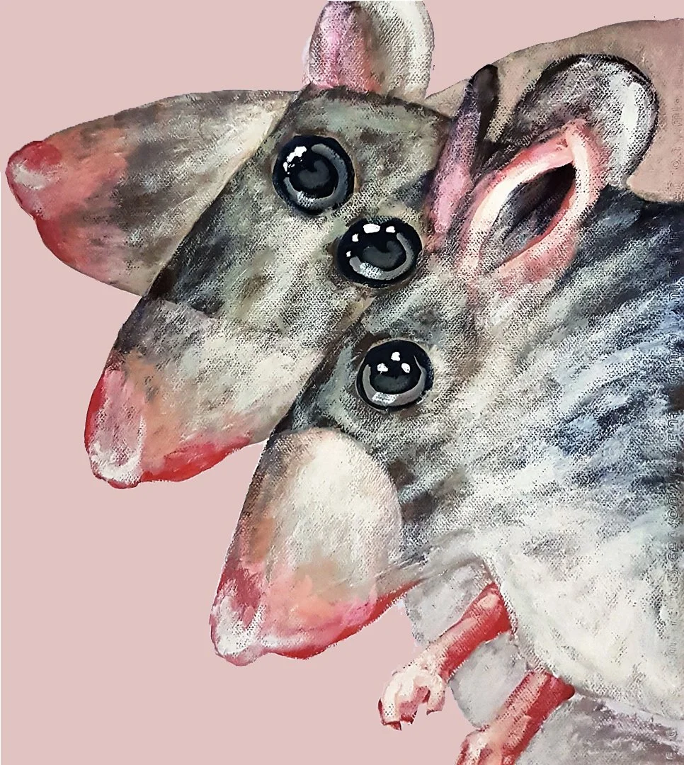 An acrylic painting capturing the energetic movement of a mouse through layers of vibrant color and texture.