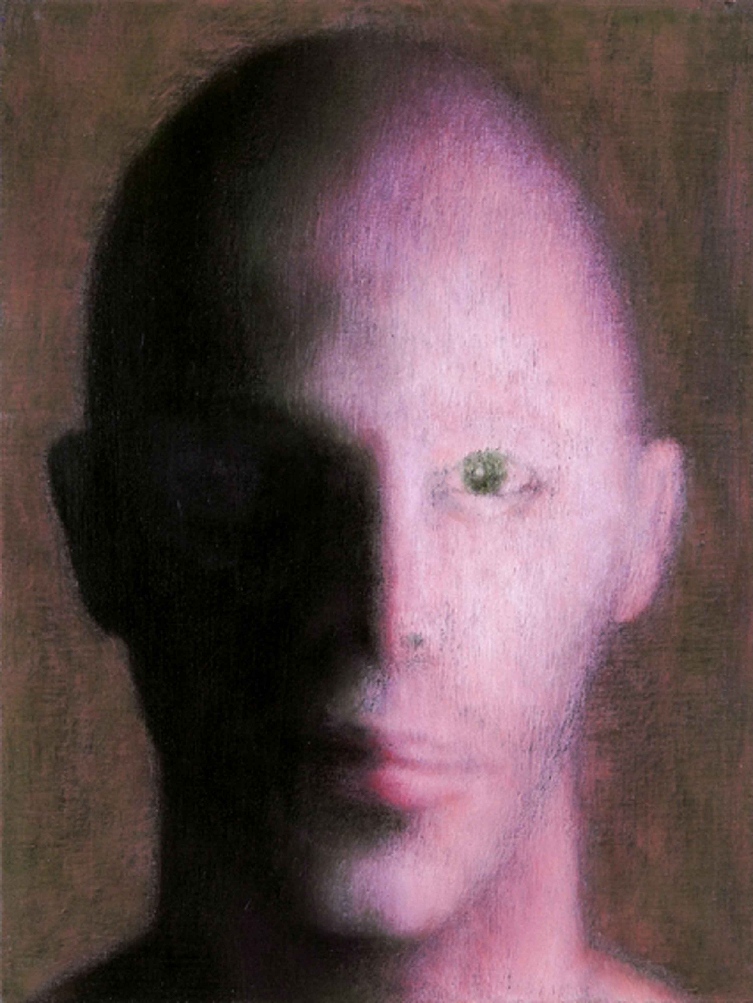 A striking expressionist green and pink portrait of a young man, highlighting fine features and artistic brushwork.