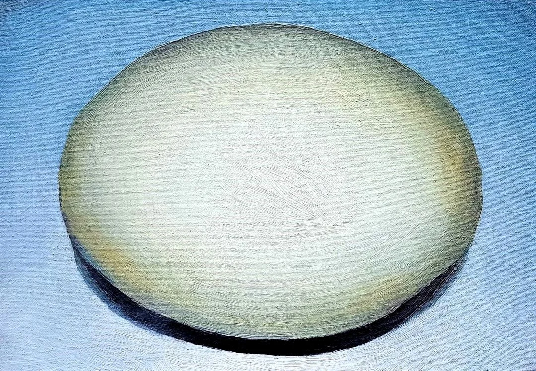 An expressive oil portrait of an egg shell with a distorted perspective.