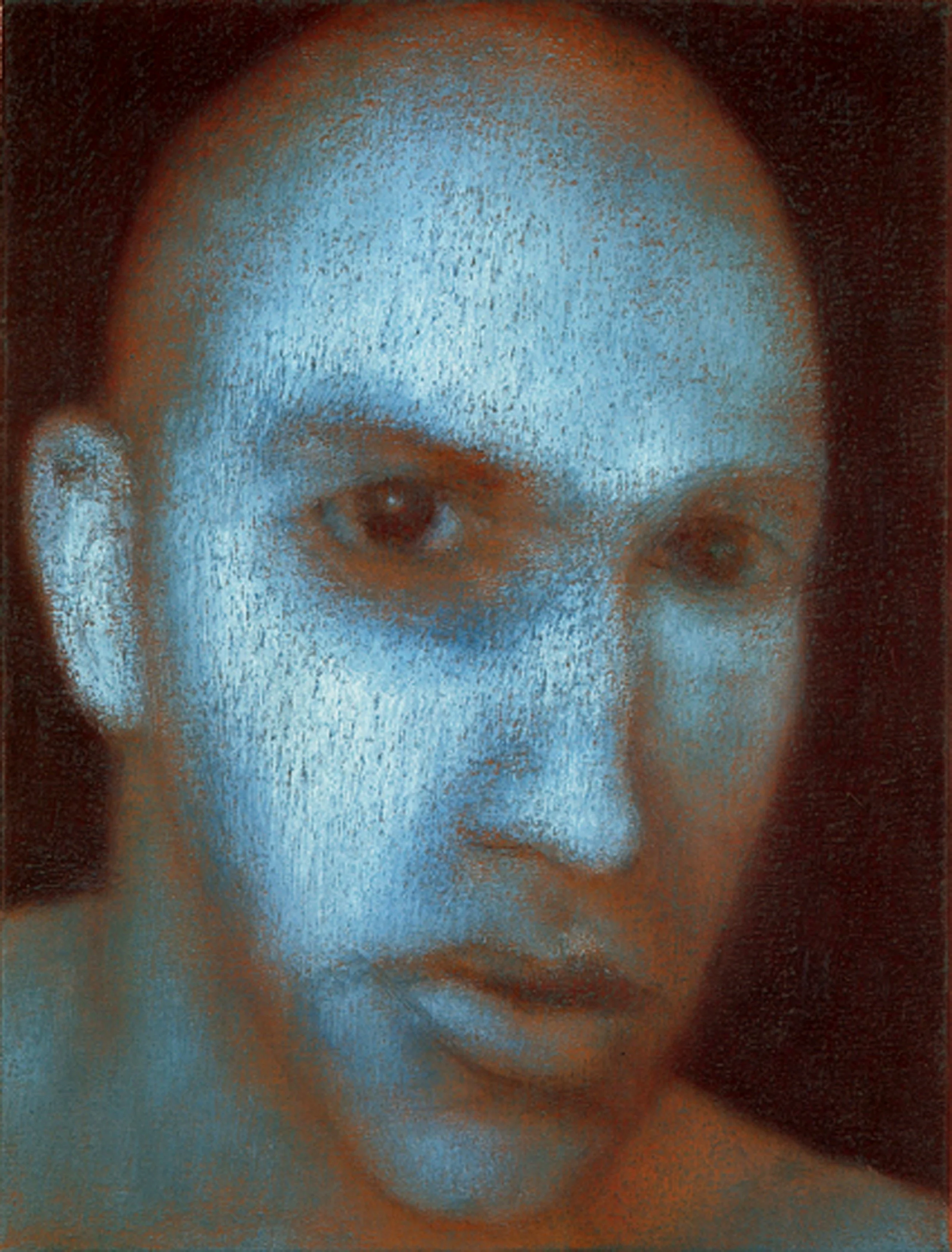 A ghostly and surreal blue-faced portrait, creating a strong visual impact through minimalism