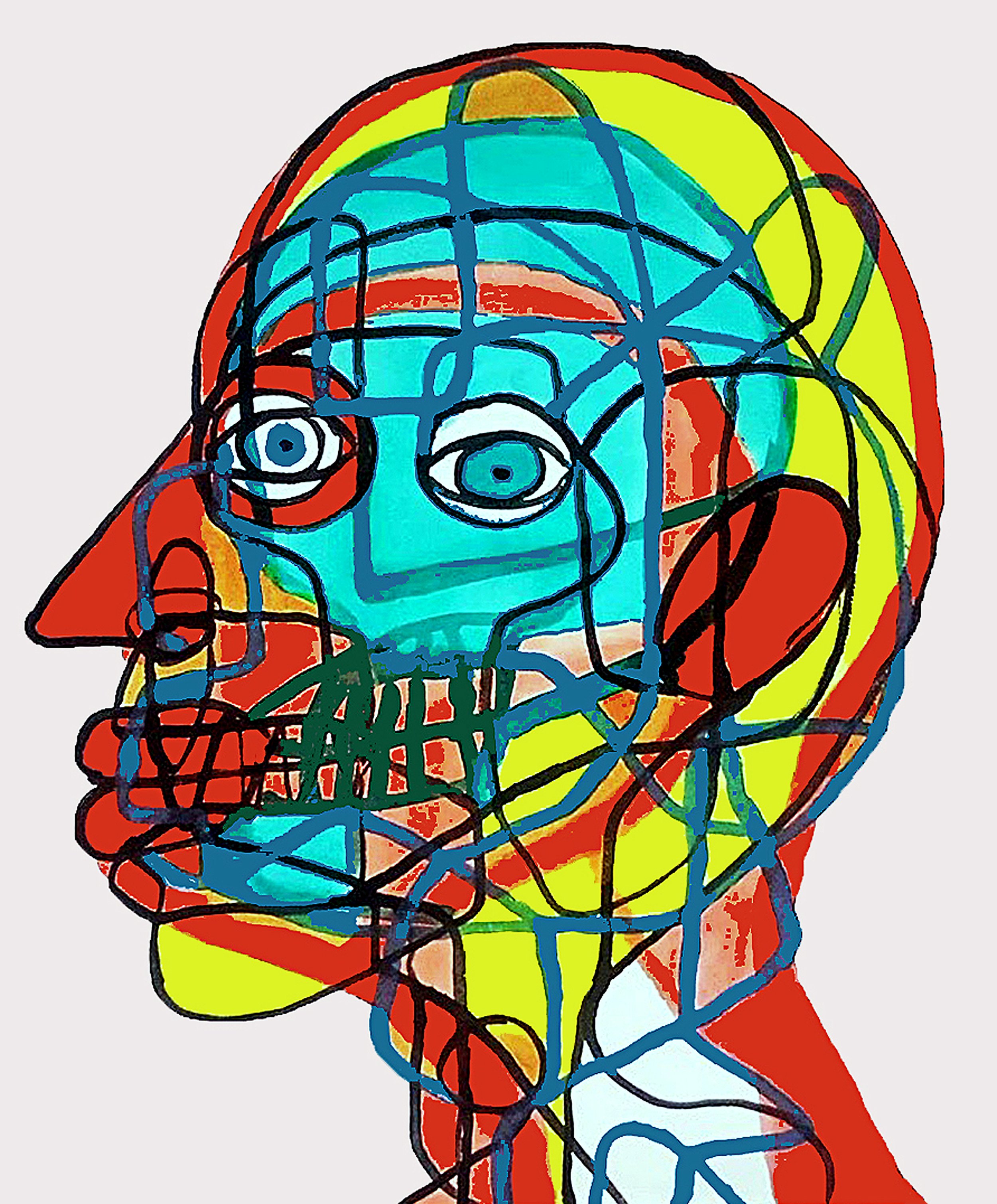A profile view of a figure with a central red focus, surrounded by a colorful array of geometric shapes and symbols.