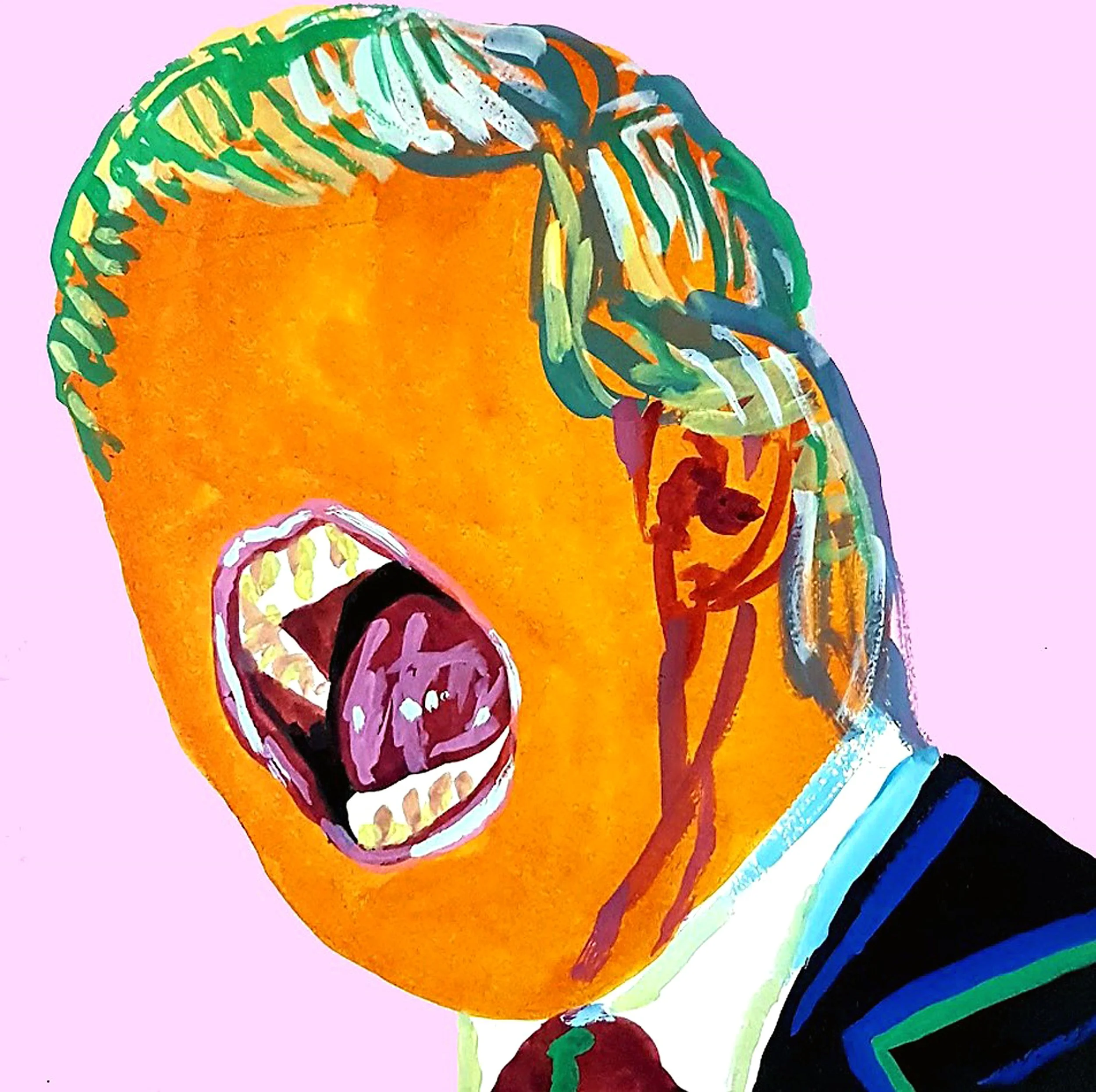 A whimsical Donald Trump pink painting of a colorful puppet character, blending pop culture nostalgia with a vibrant, modern artistic style.