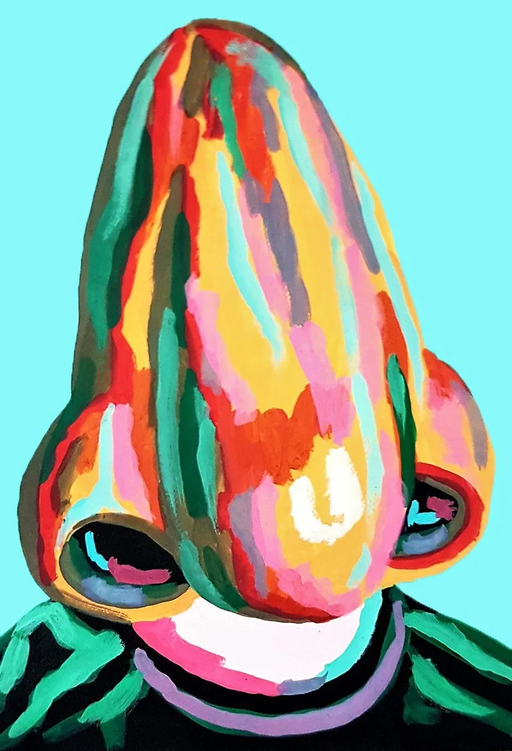 A detailed exploration of nose mask and geometric patterns, using bold ink outlines to create a powerful, symmetrical visual impact.