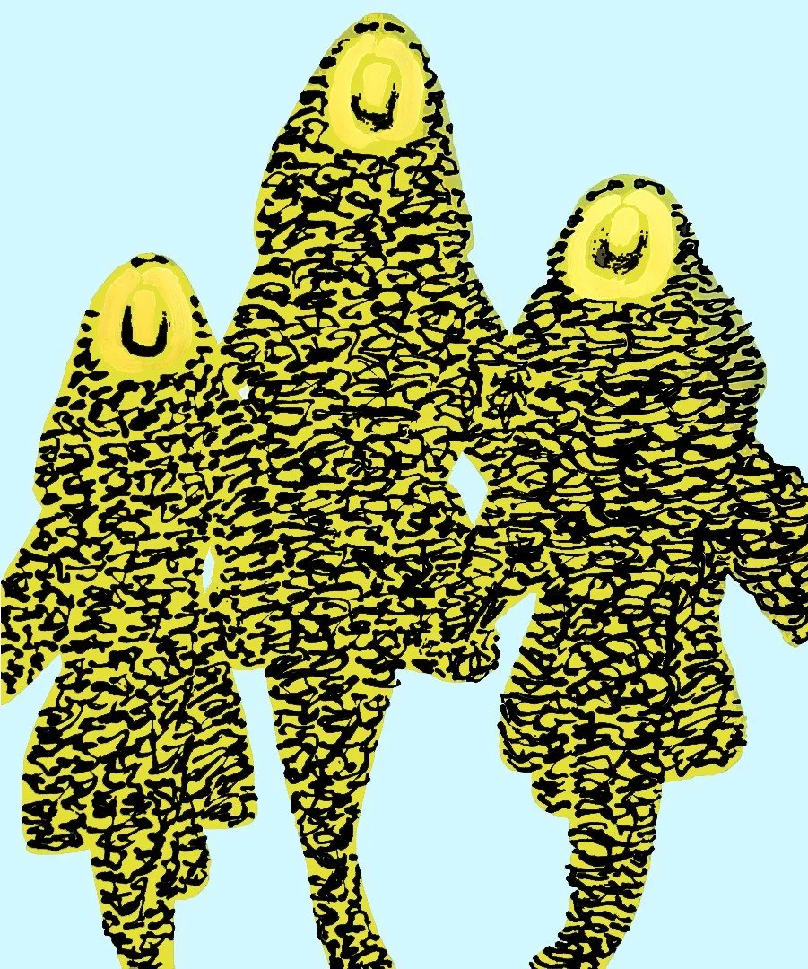 A mysterious and rhythmic abstract painting featuring yellow creatures integrated into a dense, patterned nature scene