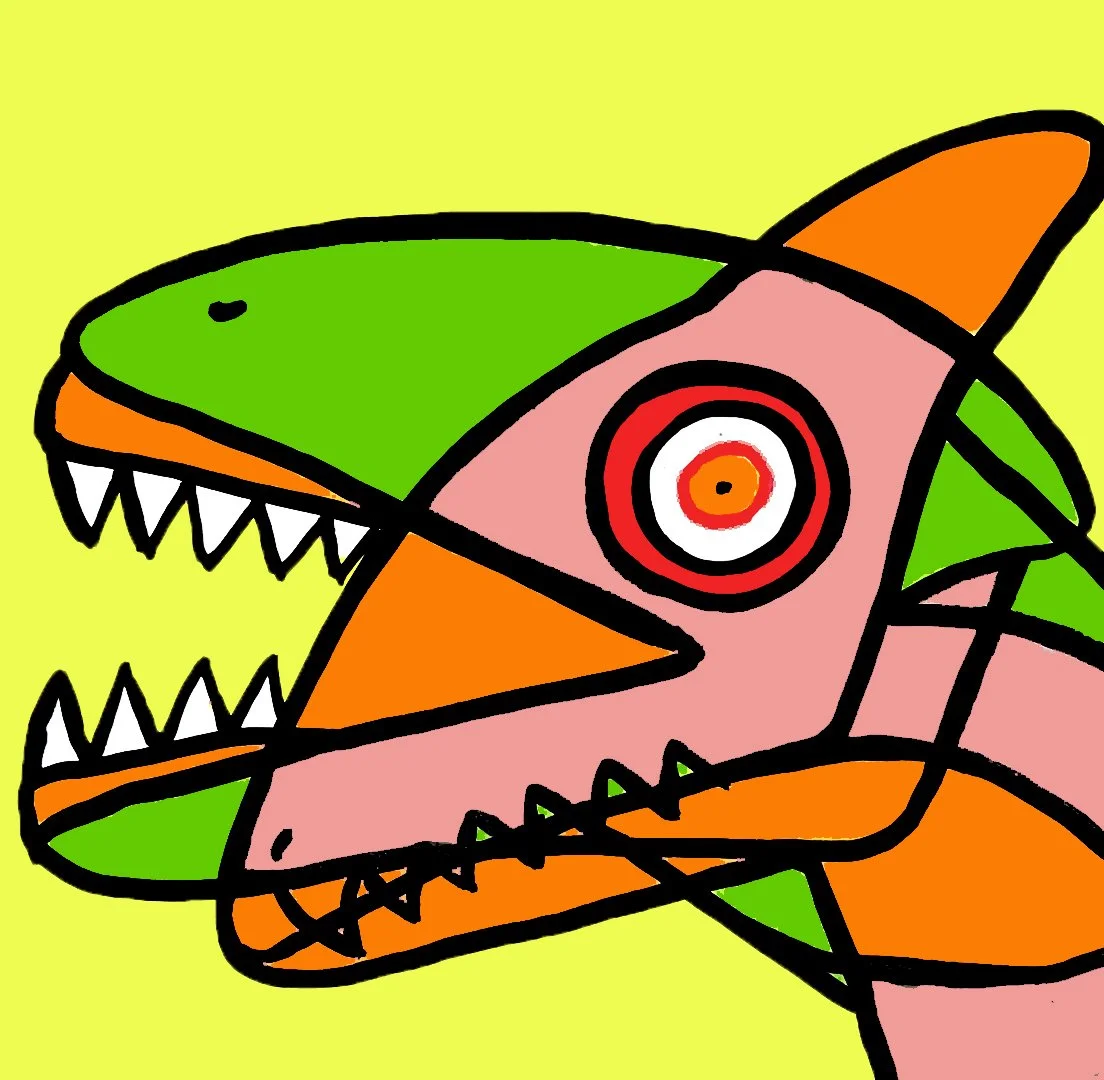 An abstract chameleon composition where organic curves meet sharp angles, accented by a striking green and red color scheme.