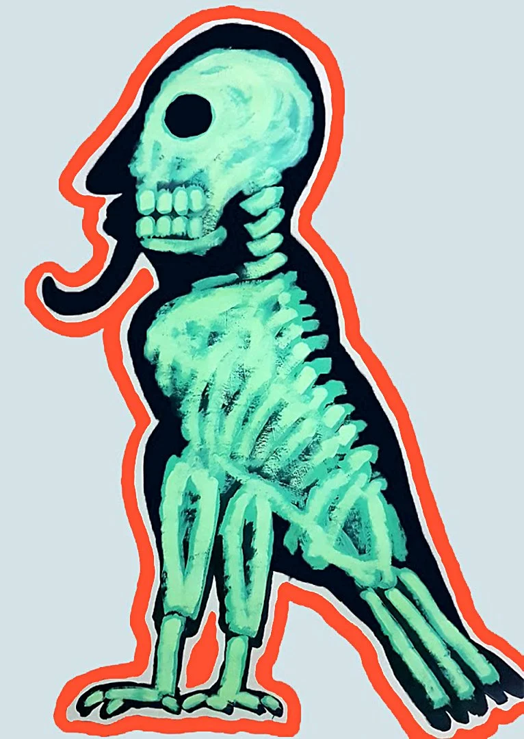 A stylized skeletal portrait of an ancient falcon, using rhythmic lines and historical artistic influences.
