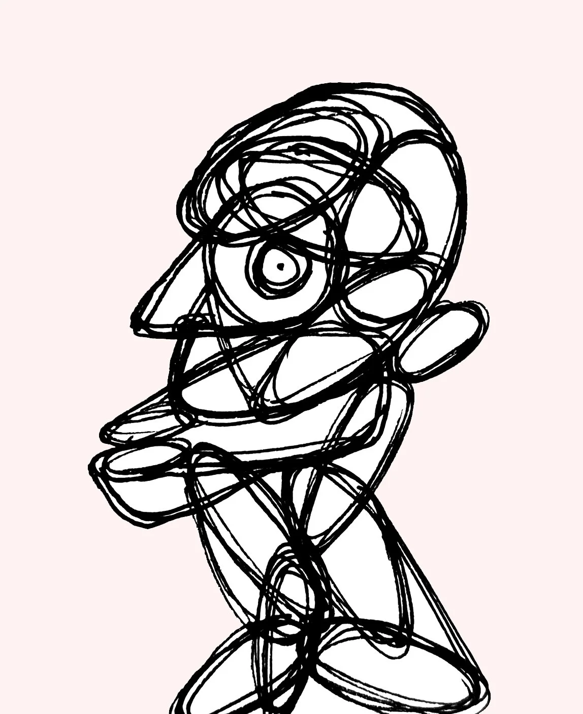 An expressive and abstract ink portrait of a human face, exploring emotion through distorted features.