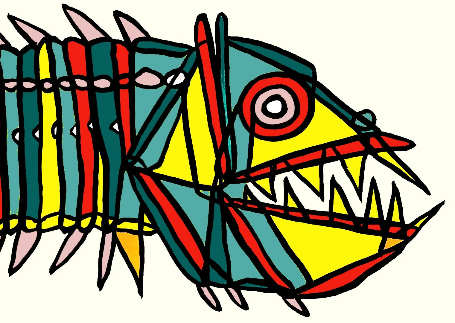 An abstract representation of a fish, blending geometric precision with a vivid and playful color palette.