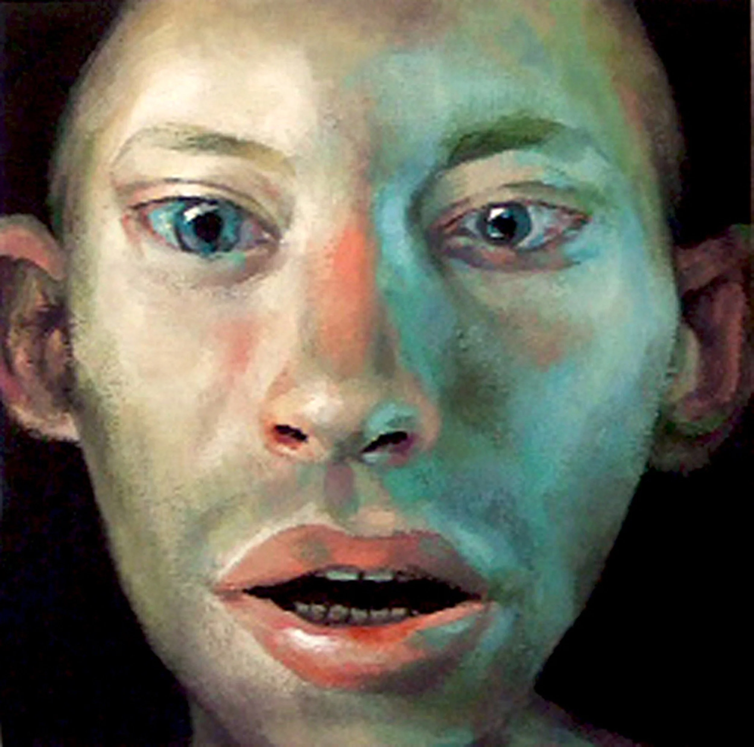 A conceptual colorful oil painting young boy portrait blending human features with primal characteristics in a unique oil study.