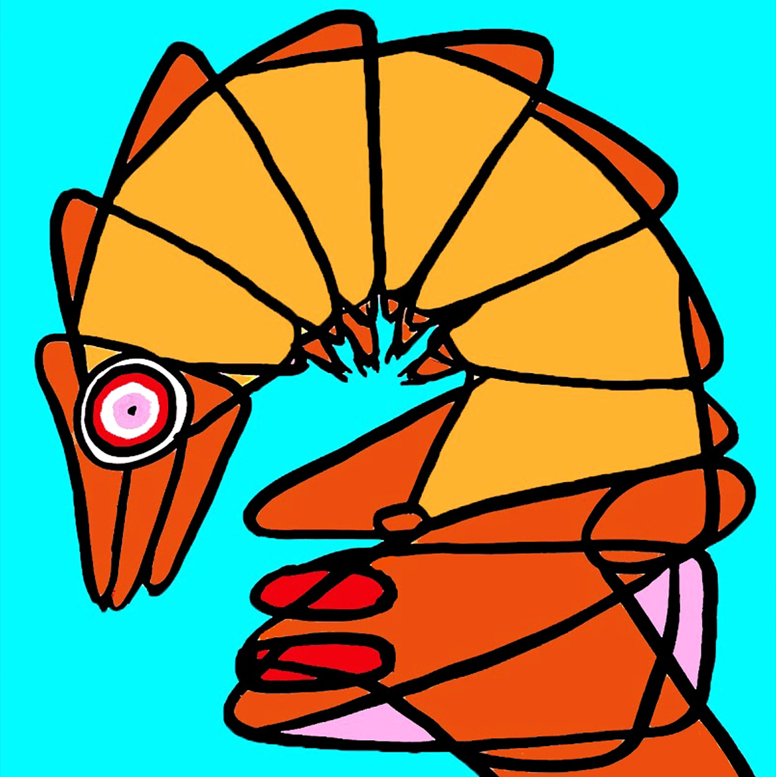 A side-profile silhouette of a shrimp
 face constructed with intricate blue and yellow geometric patterns and circular motifs.