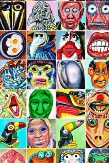 GIF-animated digital evolution of an original hand-painted collage by Roi Pajursky. The video shows static mixed media portraits and colorful textures coming to life, illustrating the transition from physical pigment to rhythmic, fluid motion.