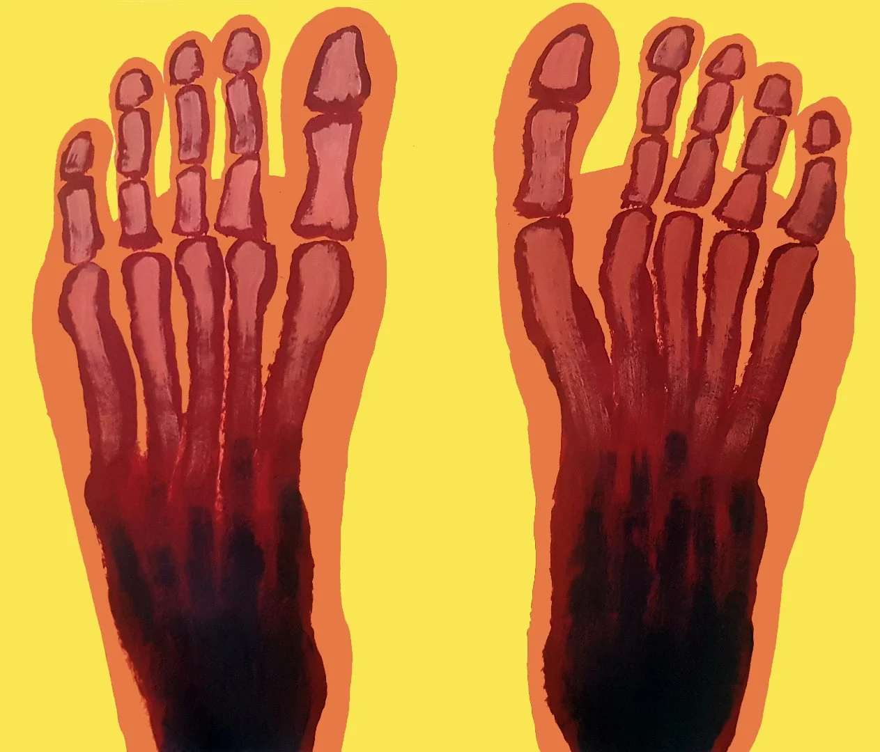 An acrylic painting capturing the energetic movement of a human feet through layers of vibrant color and texture.