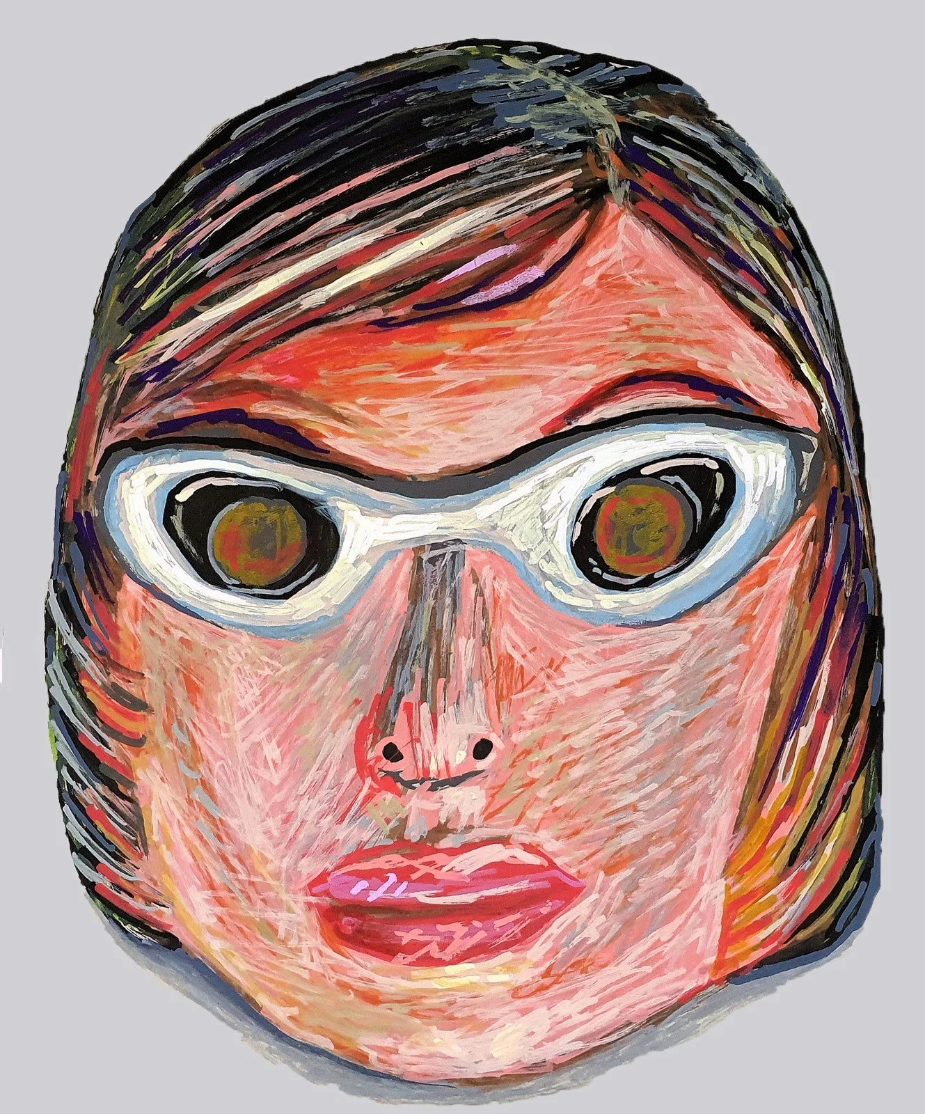 Whimsical painting of a face with colorful glasses. A playful, pop-art inspired portrait featuring bold outlines and vibrant character design.