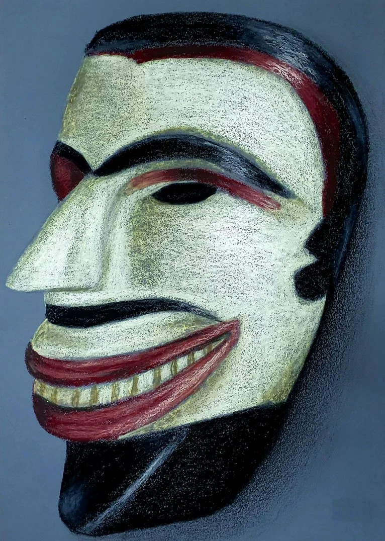 A powerful and vibrant pastel portrait of a funny mask, highlighting the raw energy of humanity.