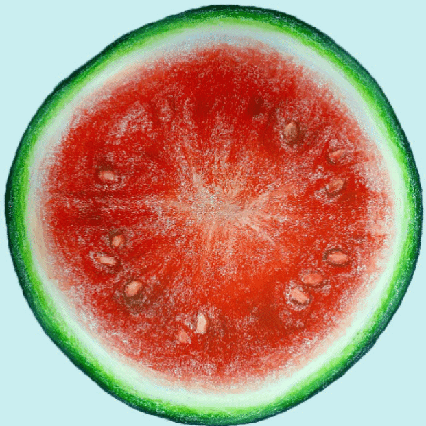 A psychedelic and colorful watermelon painting featuring bold patterns and intense, vibrant energy.