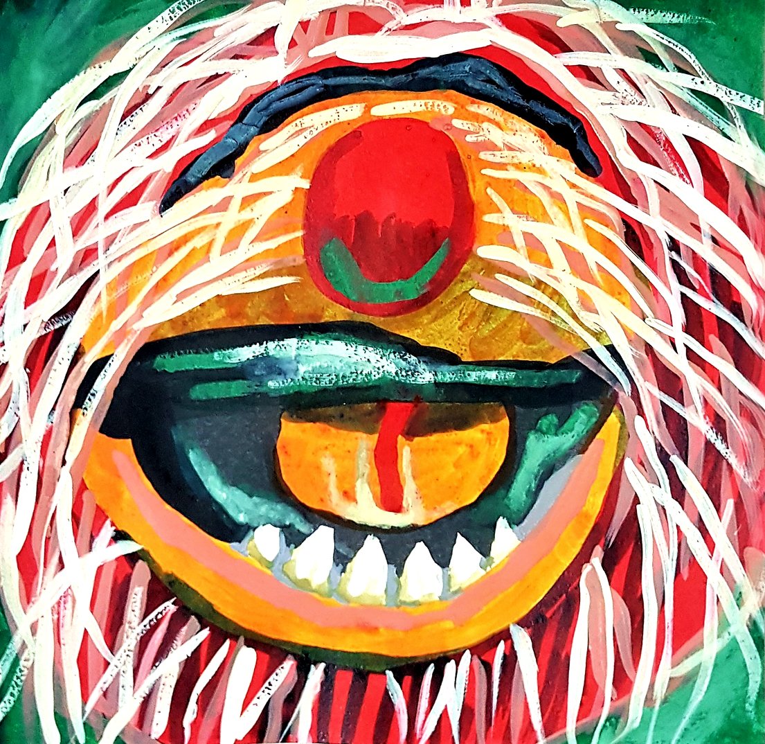 A whimsical funny painting of a colorful puppet character, blending pop culture nostalgia with a vibrant, modern artistic style.