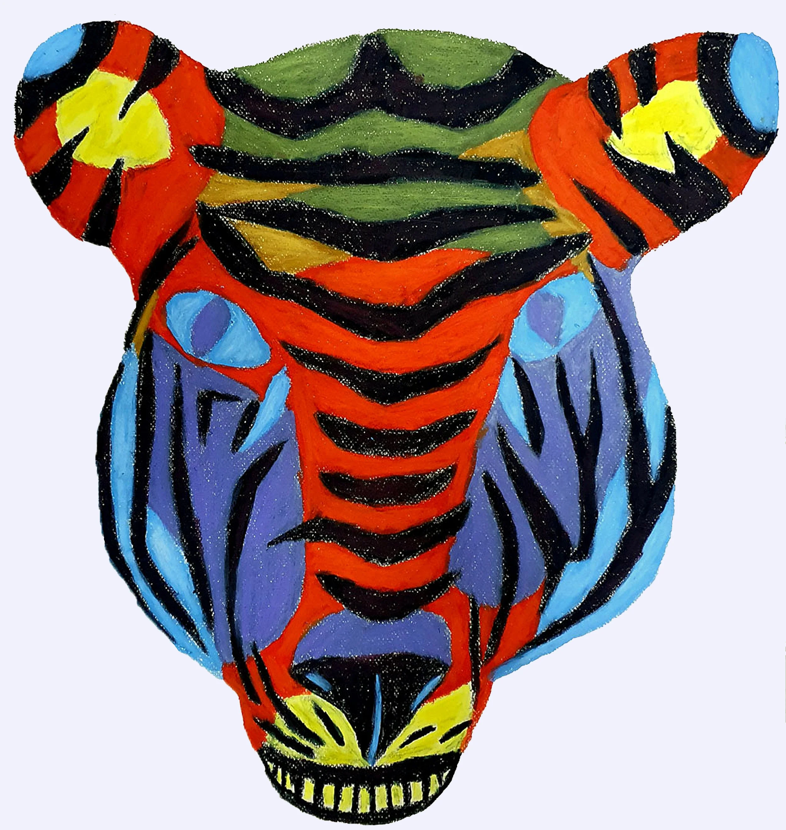 A psychedelic and colorful tiger mask painting featuring bold patterns and intense, vibrant energy.