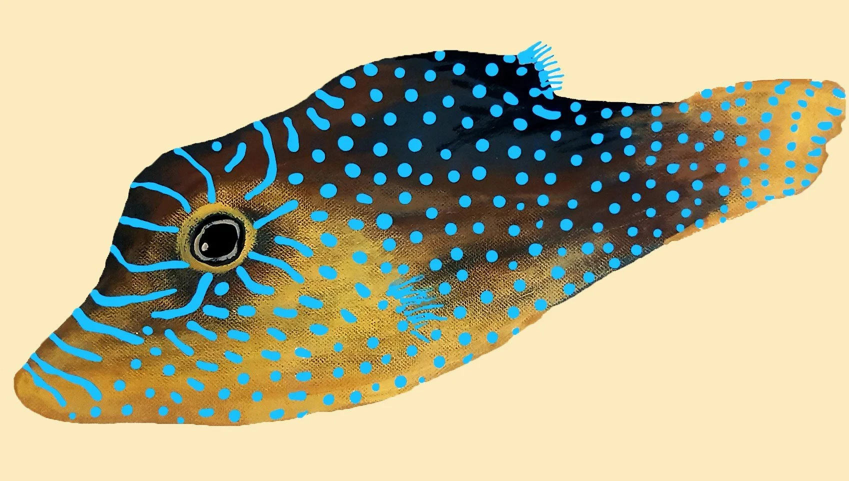 A unique figurative study of a tropical fish, blending traditional animal forms with a playful and sophisticated patterned aesthetic by Roi Pajursky.