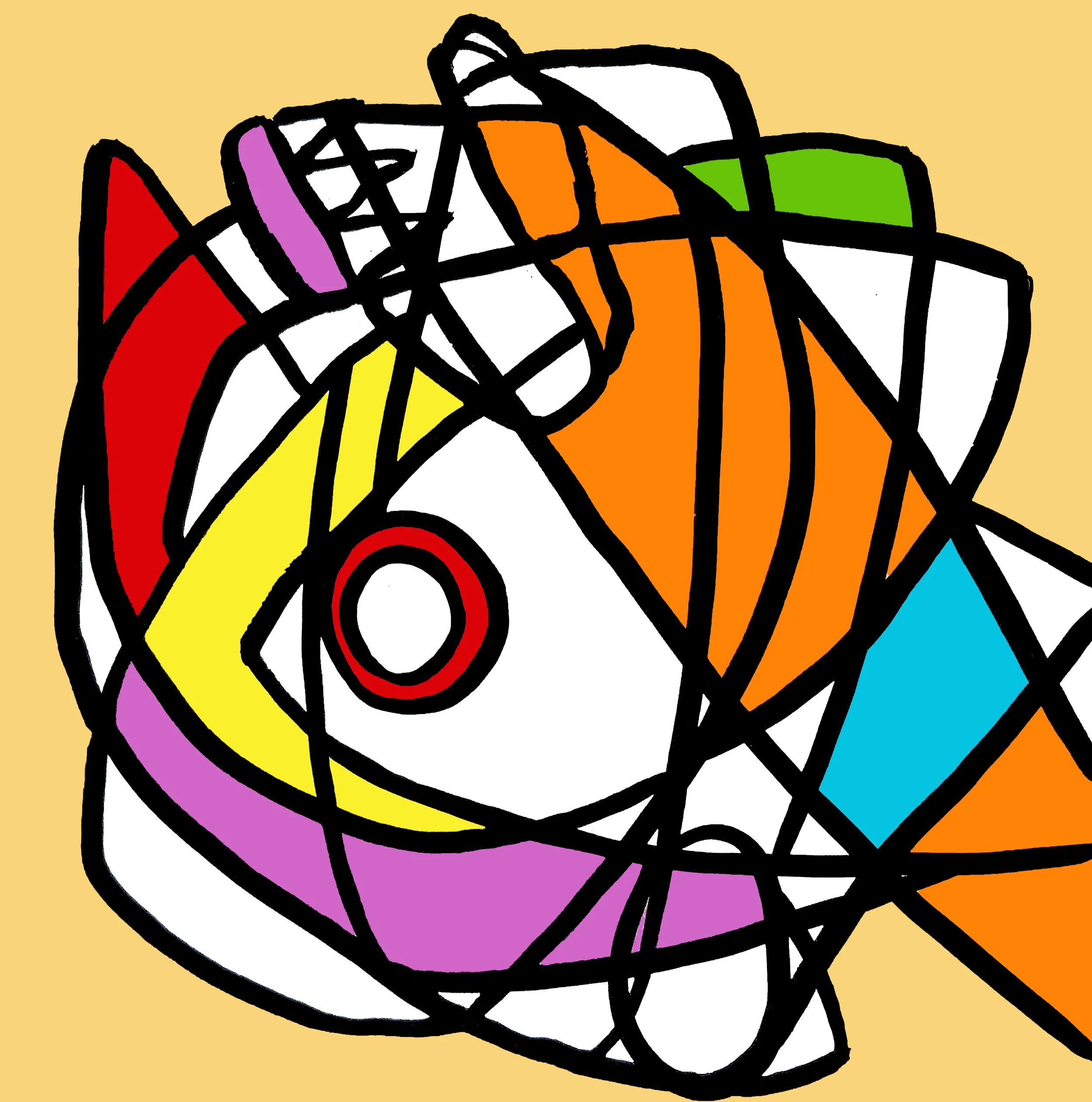 An abstract head composition where organic curves meet sharp angles, accented by a striking orange and red color scheme.