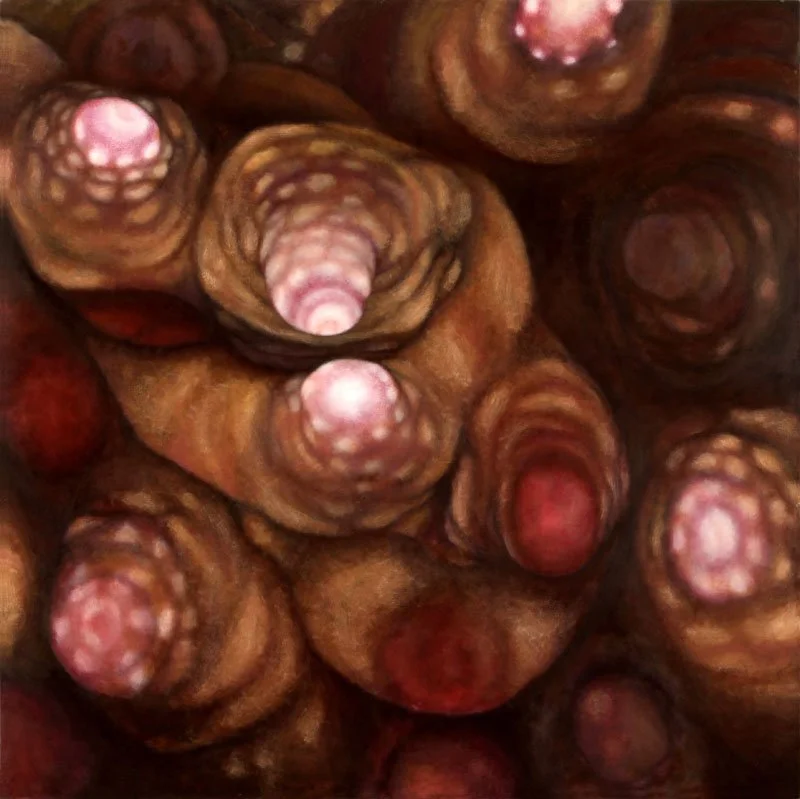 A swirling, rhythmic oil painting fragment inspired by the intricate patterns and vibrant textures of underwater coral reefs.