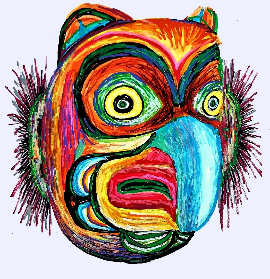 Vibrant tribal mask illustration inspired by traditional totems. This artwork features a rich palette of red, blue, and green with a modern twist.