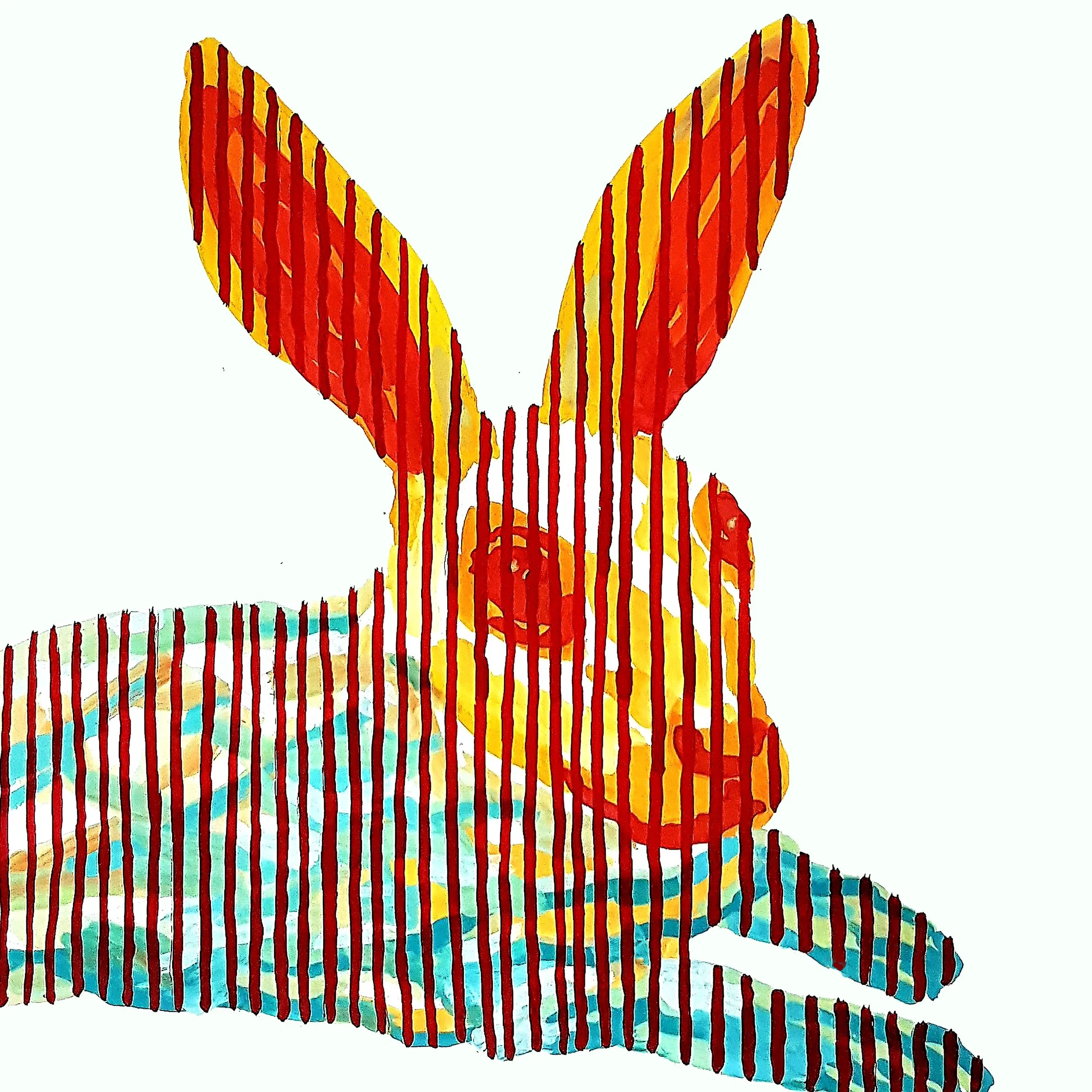 A surreal illustration of a rabbit composed of orange and blue vertical stripes. This piece uses linear patterns to create a sense of depth and organic form.
