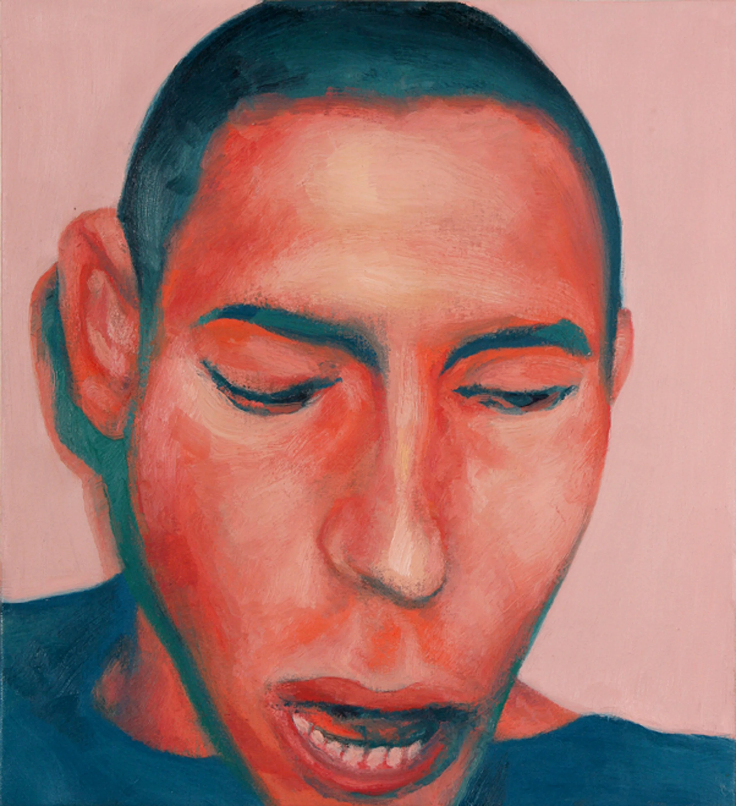 A striking expressionist pink portrait of a young man, highlighting fine features and artistic brushwork.