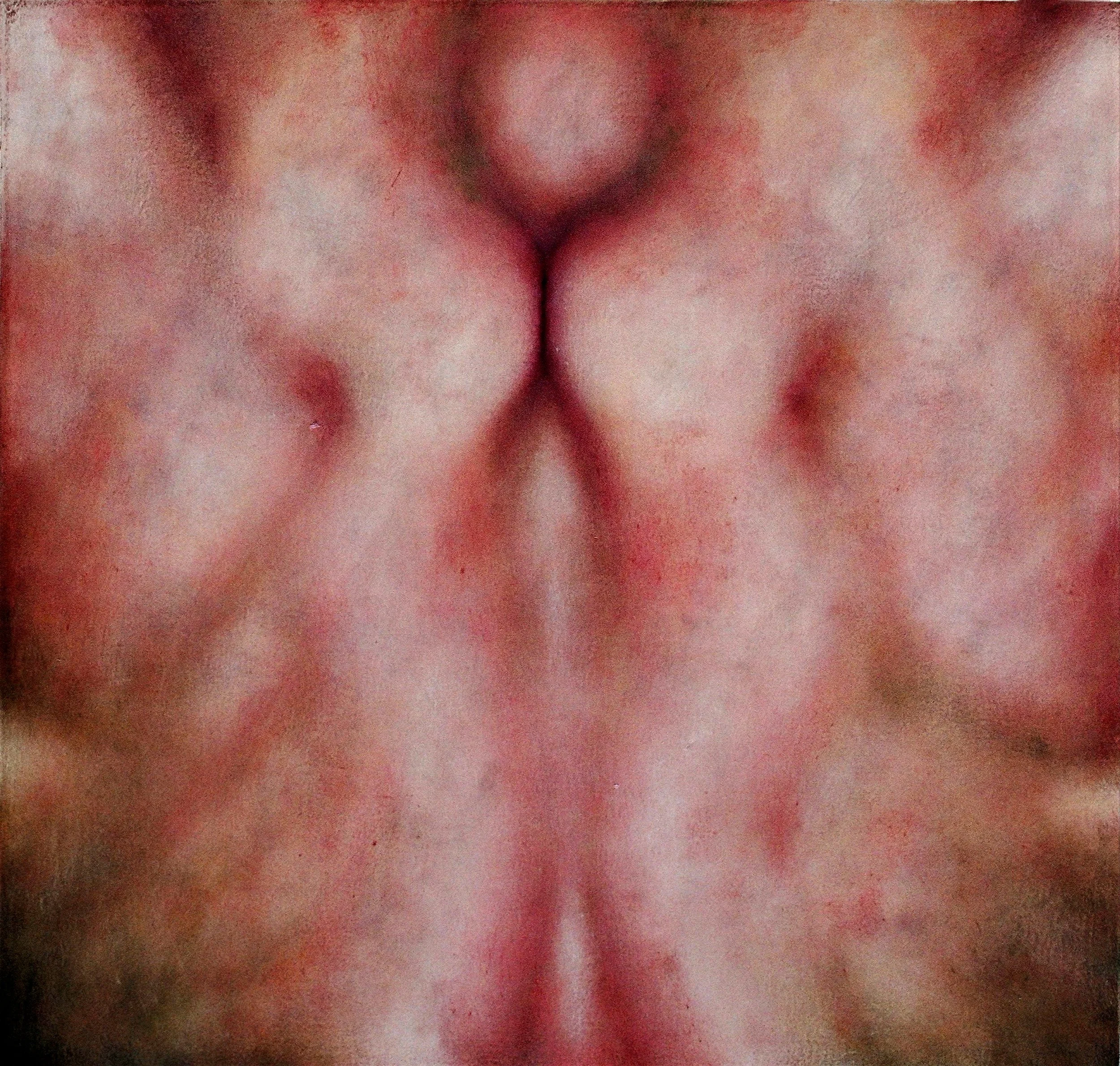 An intimate oil painting fragment focusing on the soft textures and natural curves of the human back, exploring skin tones and light.