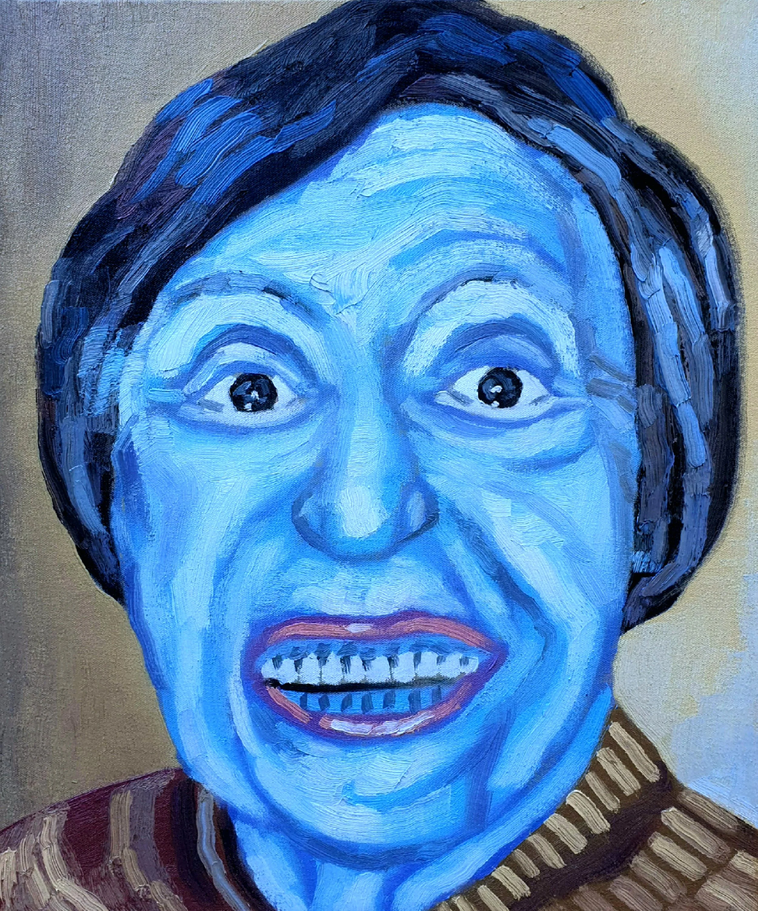 A bold figurative painting of a blue face of an old woman with striking red lips, utilizing high contrast and expressive brushwork