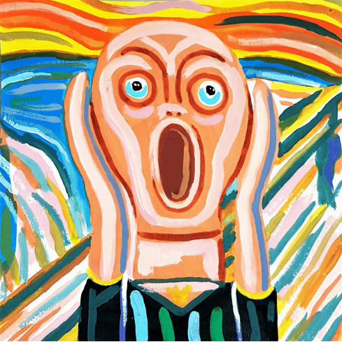 A whimsical screaming painting gif of a colorful puppet character, blending pop culture nostalgia with a vibrant, modern artistic style.