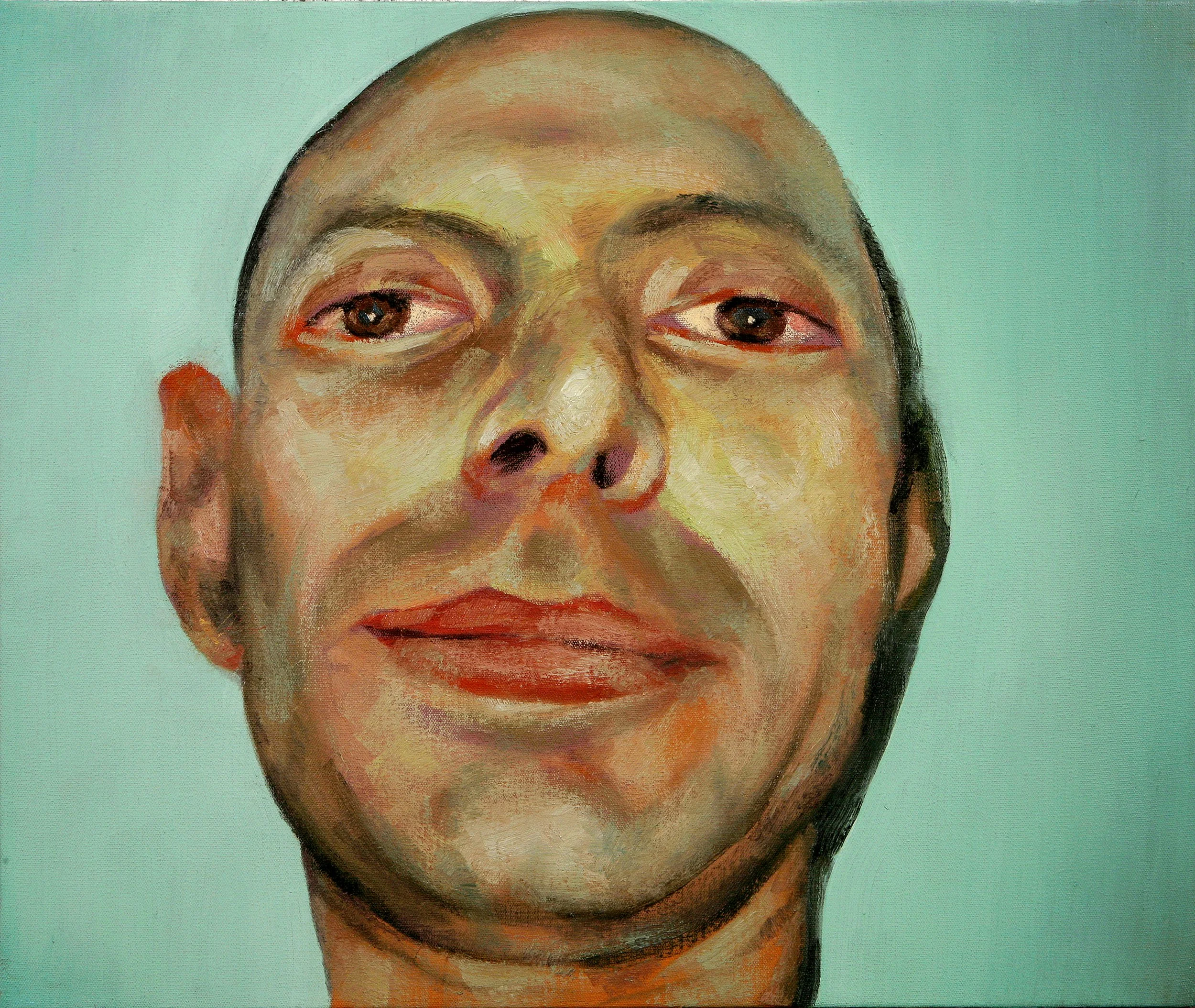 A striking expressionist green portrait of a young man, highlighting fine features and artistic brushwork.