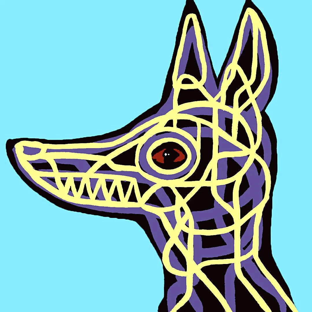 An Egyptian-inspired Anubis portrait rendered in a sharp, modern geometric style with bold yellow and blue accents.