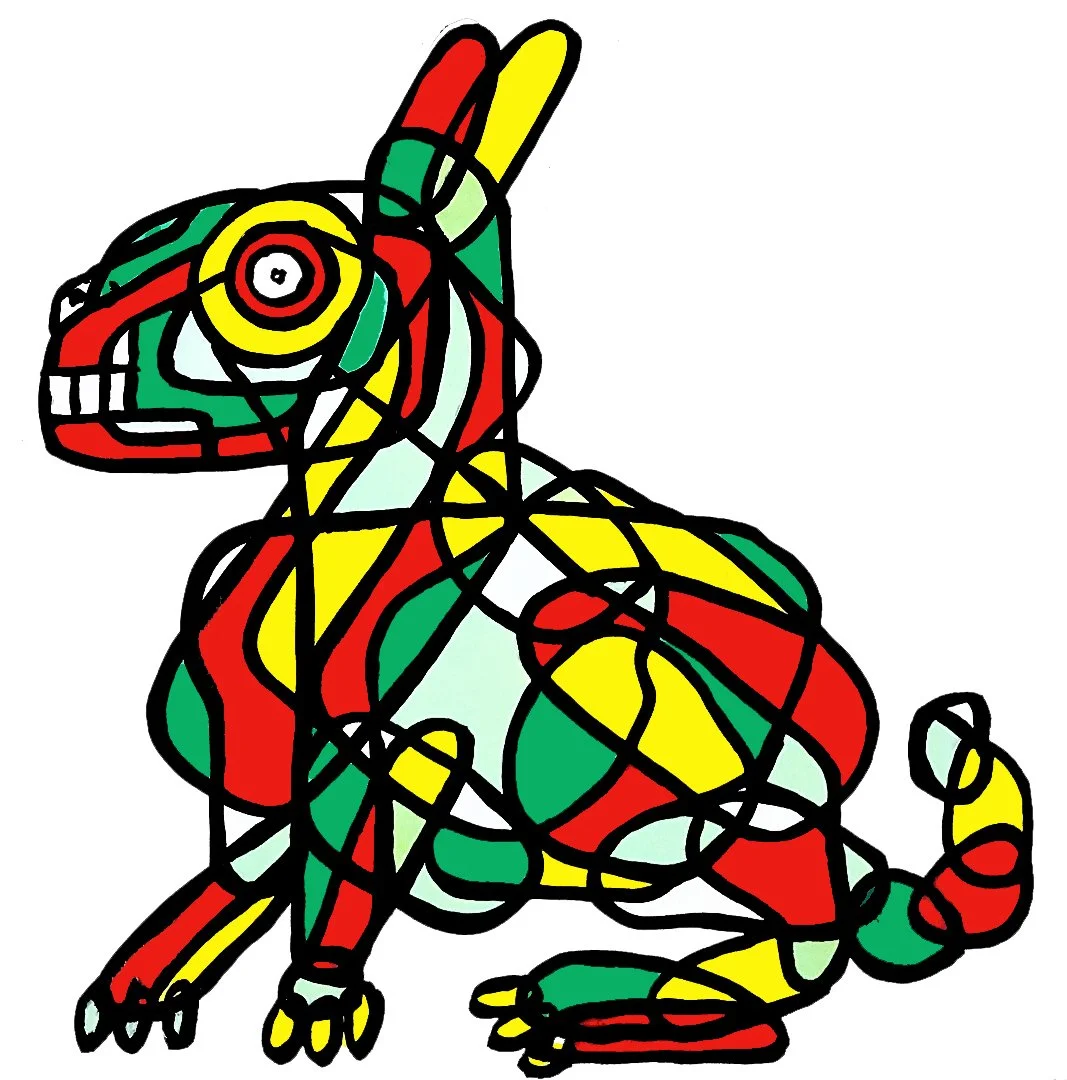 A vibrant and colorful abstract rabbit illustration composed of intricate geometric lines and bright patterns.
