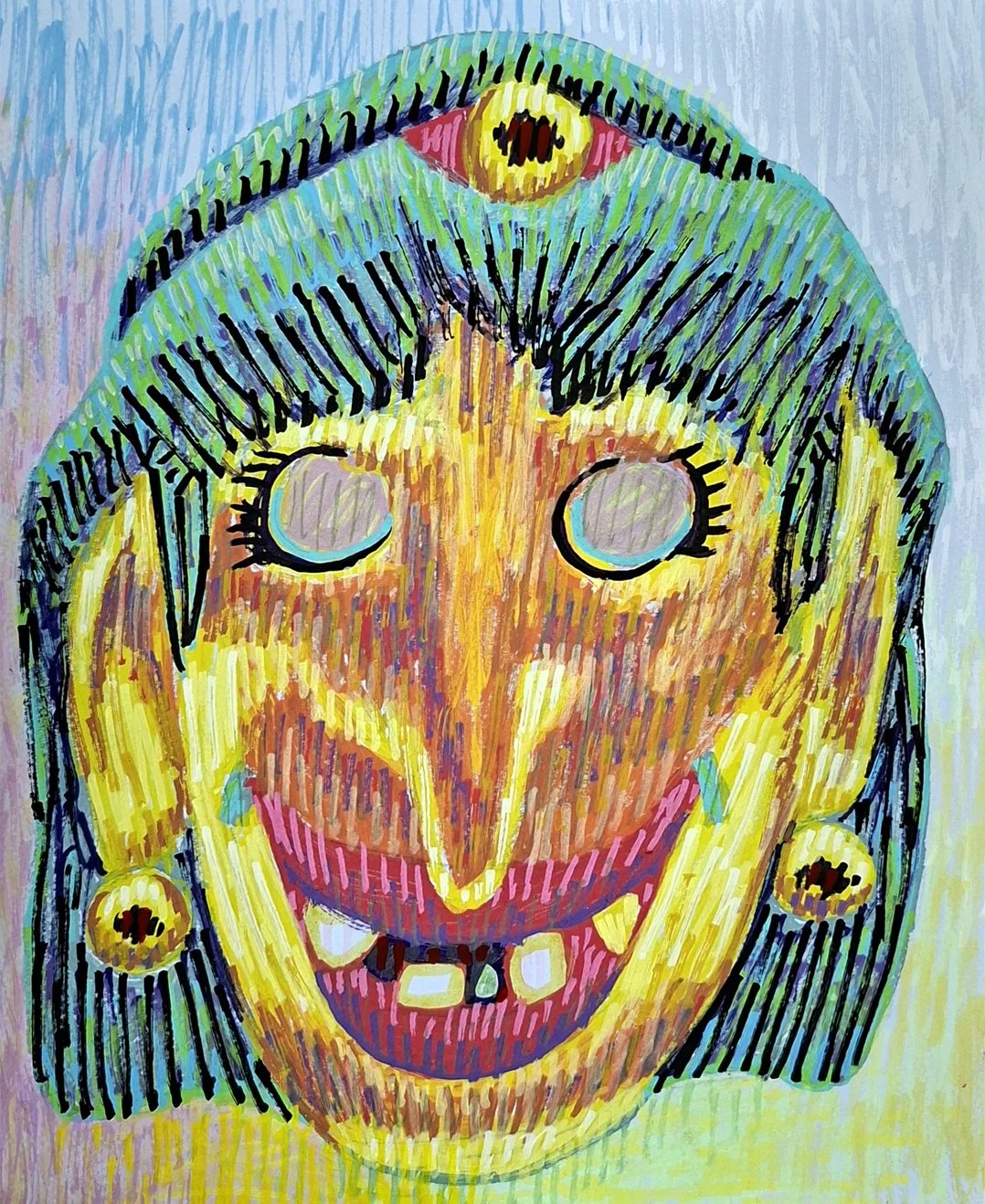 Surreal abstract portrait of a roaring witch-like figure in bright yellow. A unique piece of contemporary art focusing on distorted facial expressions.