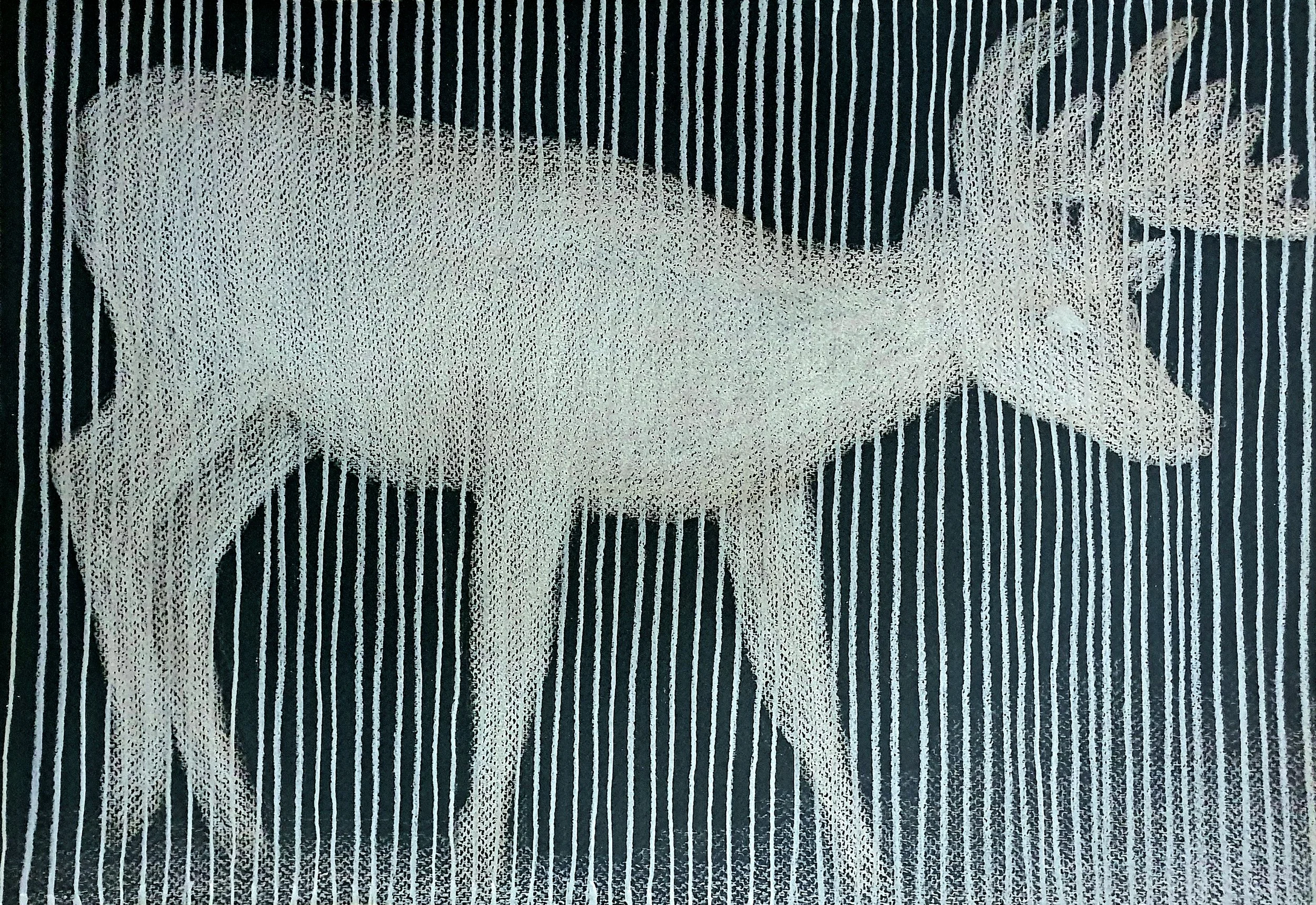 A surreal and creative striped sketch of a long-horned deer, part of a series of imaginative animal studies.