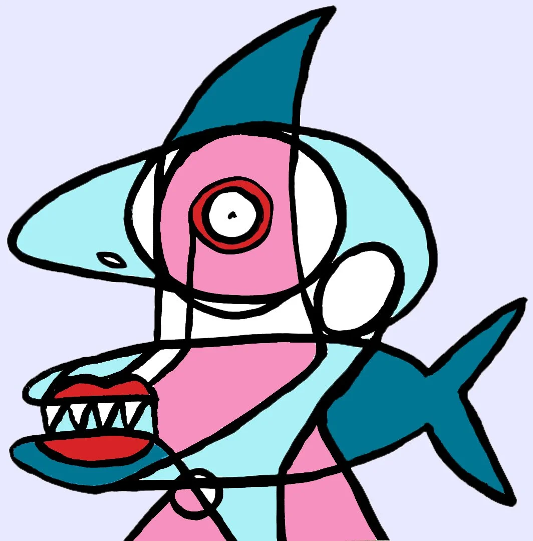 A side-profile silhouette of a shark face constructed with intricate bluegeometric patterns and circular motifs.