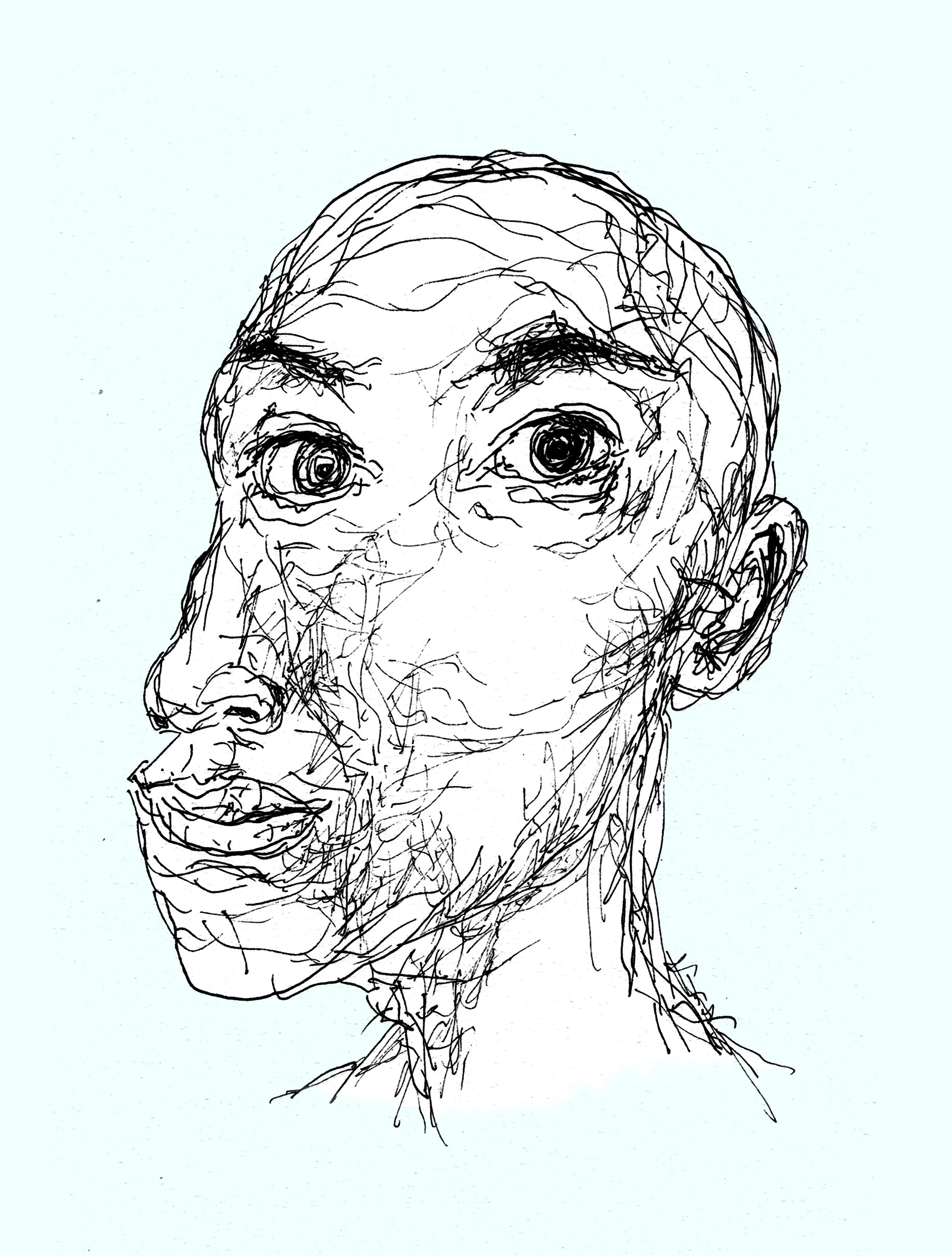 An expressive and abstract ink portrait of a young human face, exploring emotion through distorted features.