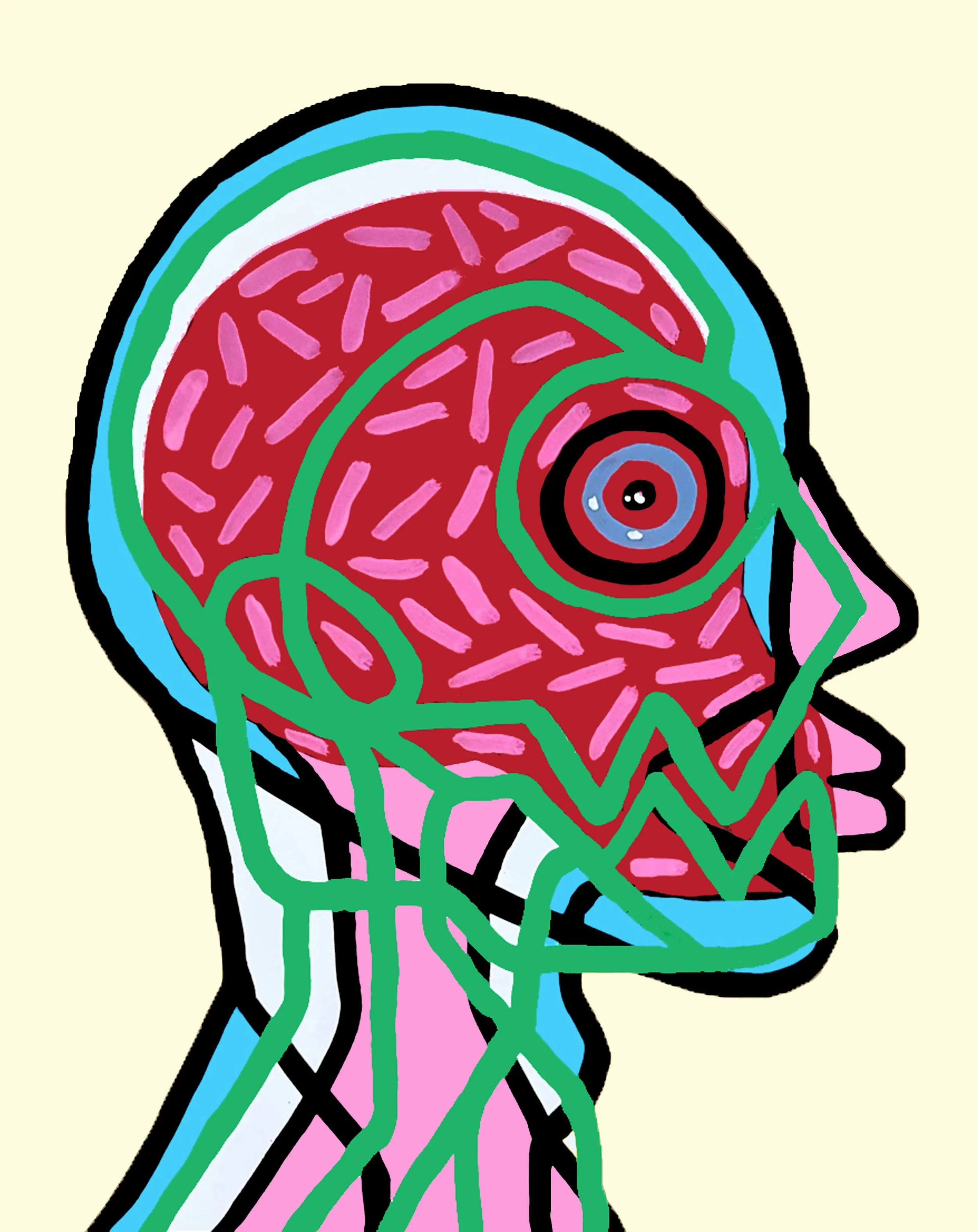 A side-profile silhouette of a face constructed with intricate blue and yellow geometric patterns and circular motifs.